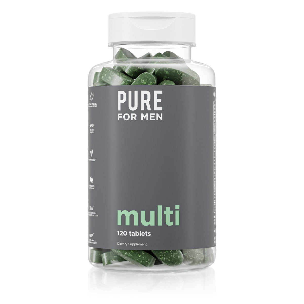 Pure for Men multivitamin botella, apoyo diario para energía y bienestar
