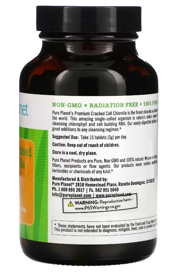 PURE PLANET Cracked Cell Chlorella, dosis de 250 mg, fácil de incorporar a tu rutina
