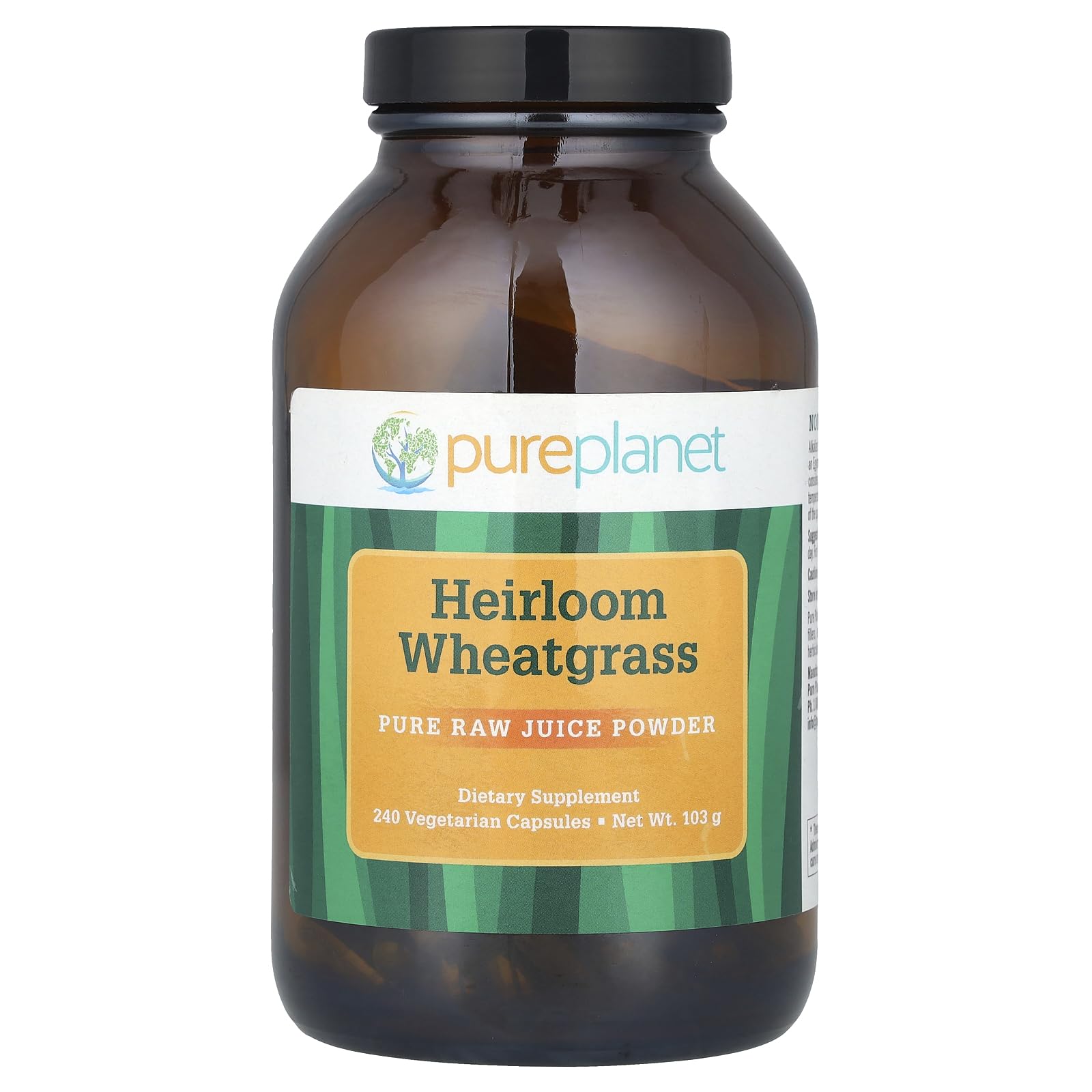 Pure Planet Heirloom Wheatgrass cápsulas en envase, energía natural diaria