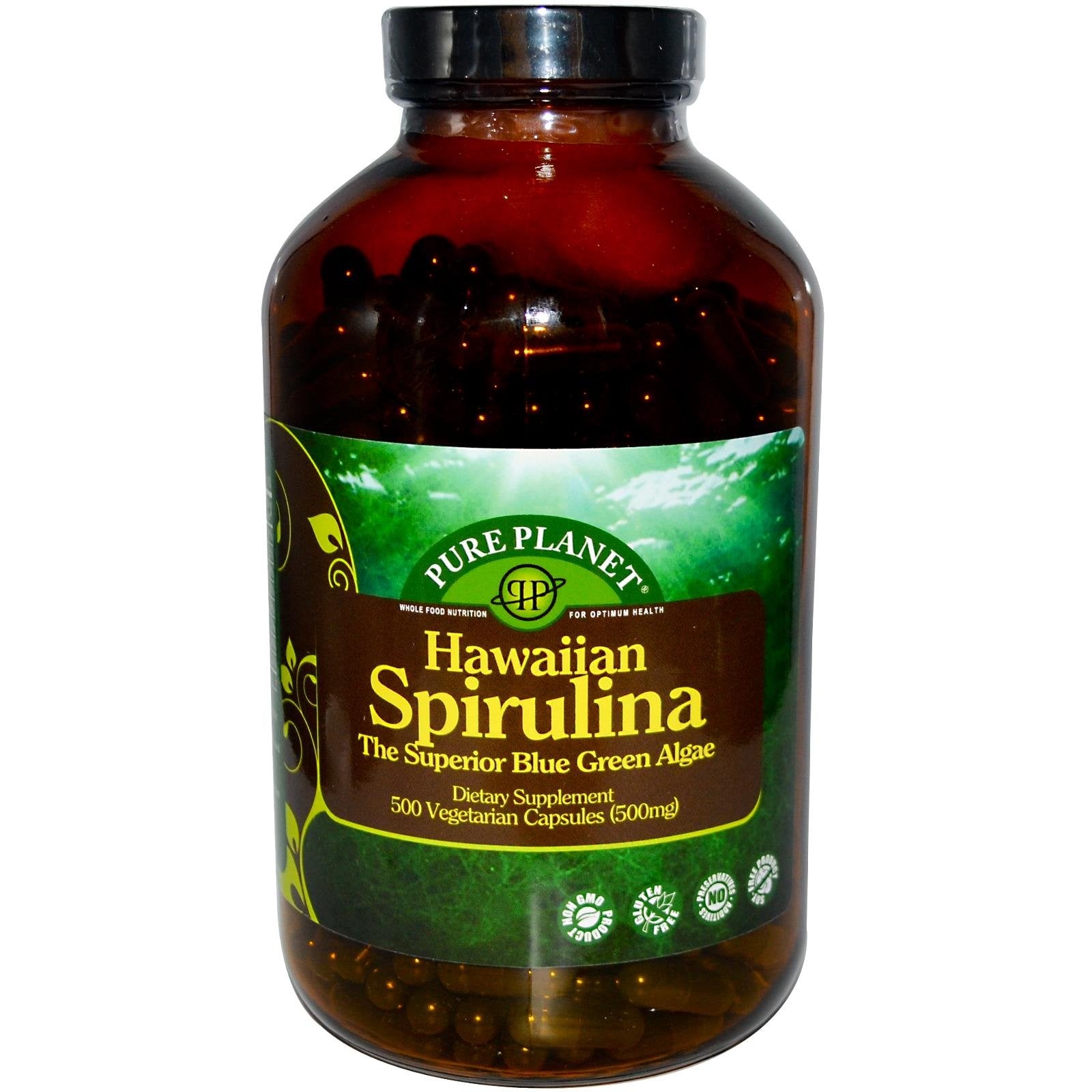PURE PLANET Spirulina 500 mg, botella de cápsulas, fuente natural de nutrientes para la rutina diaria