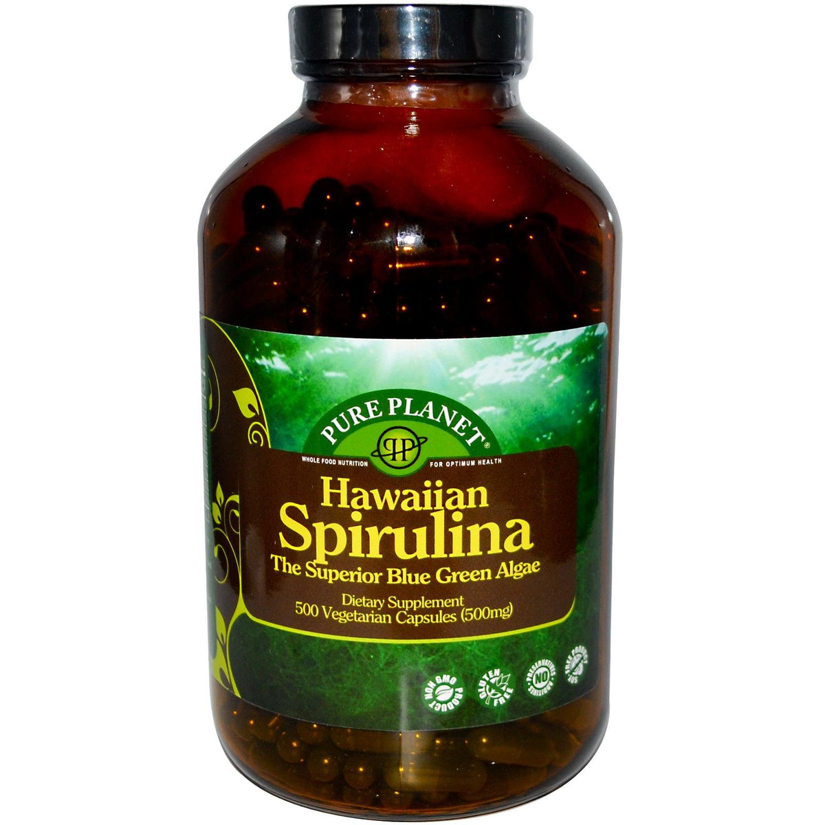 PURE PLANET Spirulina 500 mg, botella de cápsulas, fuente natural de nutrientes para la rutina diaria