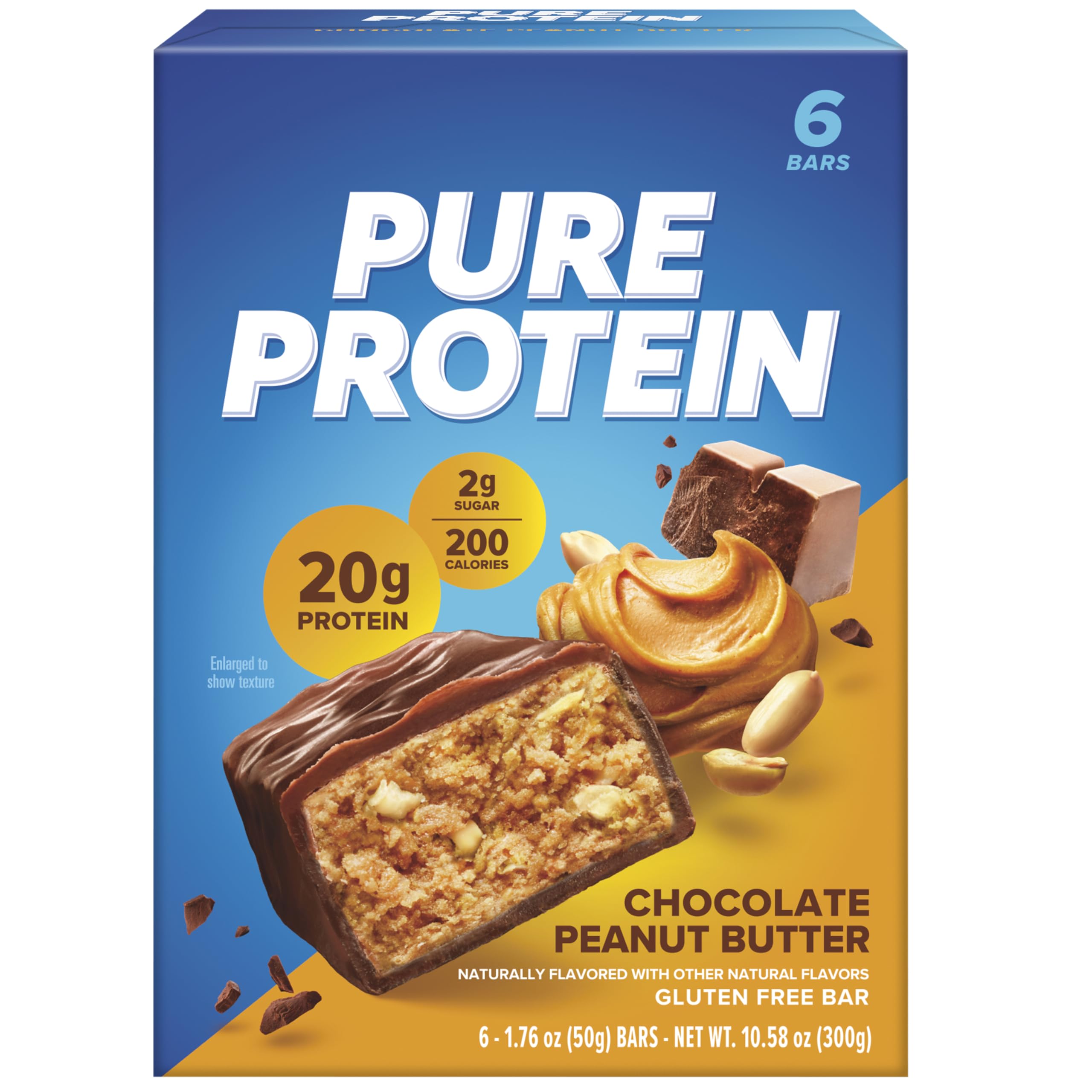 Pure Protein Barra Chocolate con cacahuate en empaque, snack energizante para el día.