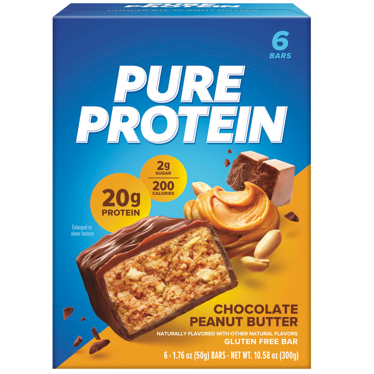 Pure Protein Barra Chocolate con cacahuate en empaque, snack energizante para el día.