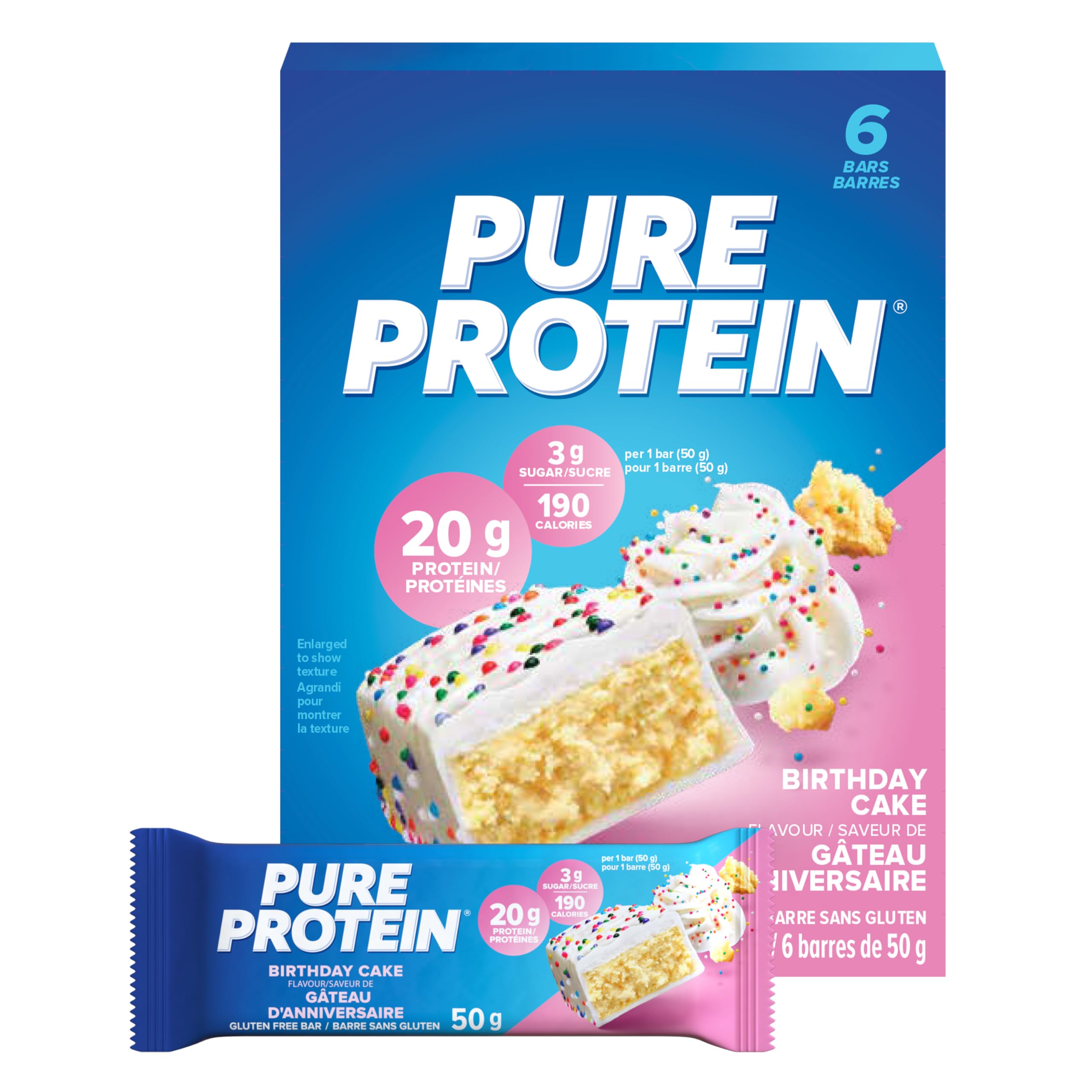 Pure Protein barras sin gluten pastel de cumpleaños en empaque práctico para llevar.
