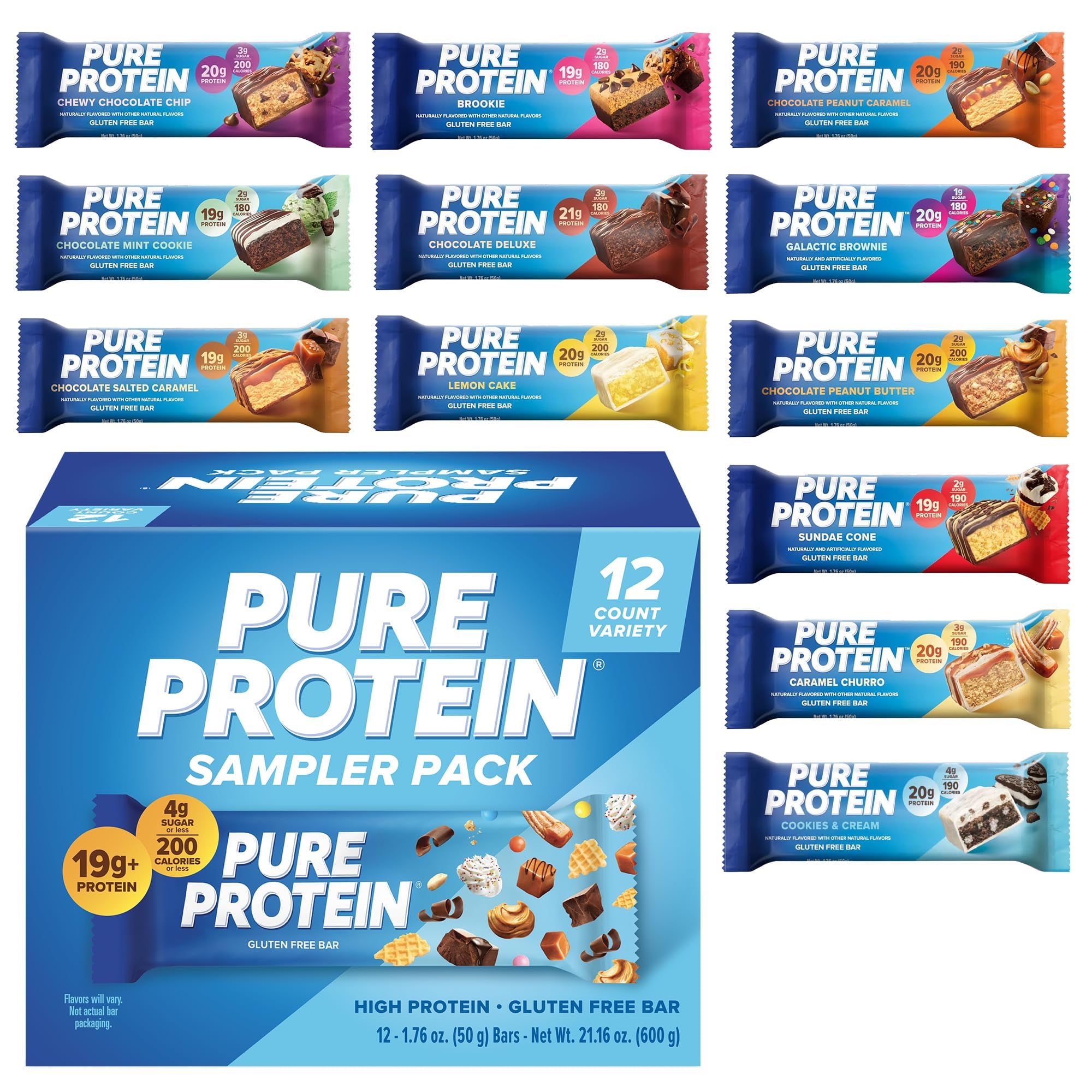 Barra Pure Protein caja de 12 barritas, snack versátil para energía diaria.