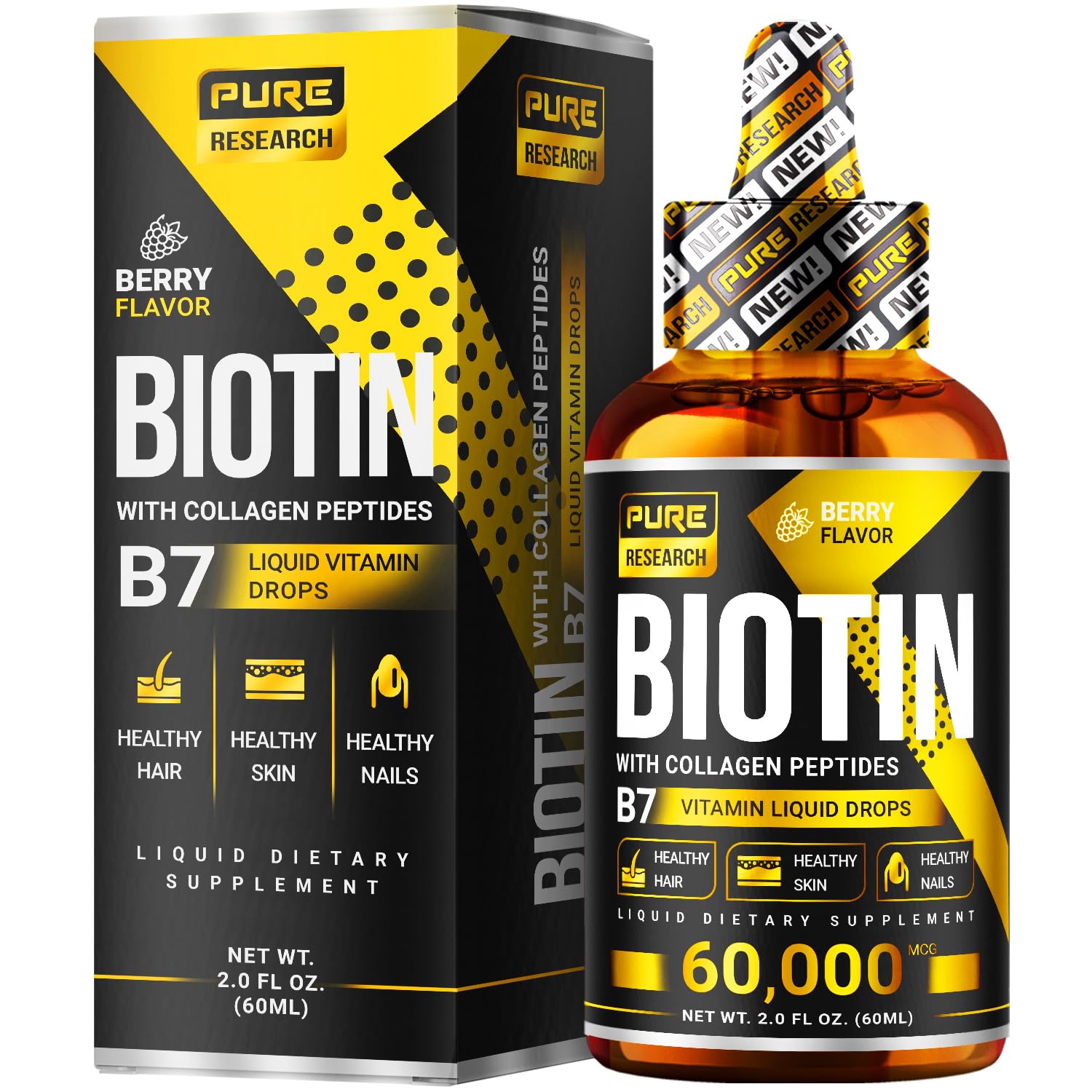 Gotas PURE RESEARCH biotina-colágeno, vertido de botella para cabello saludable.