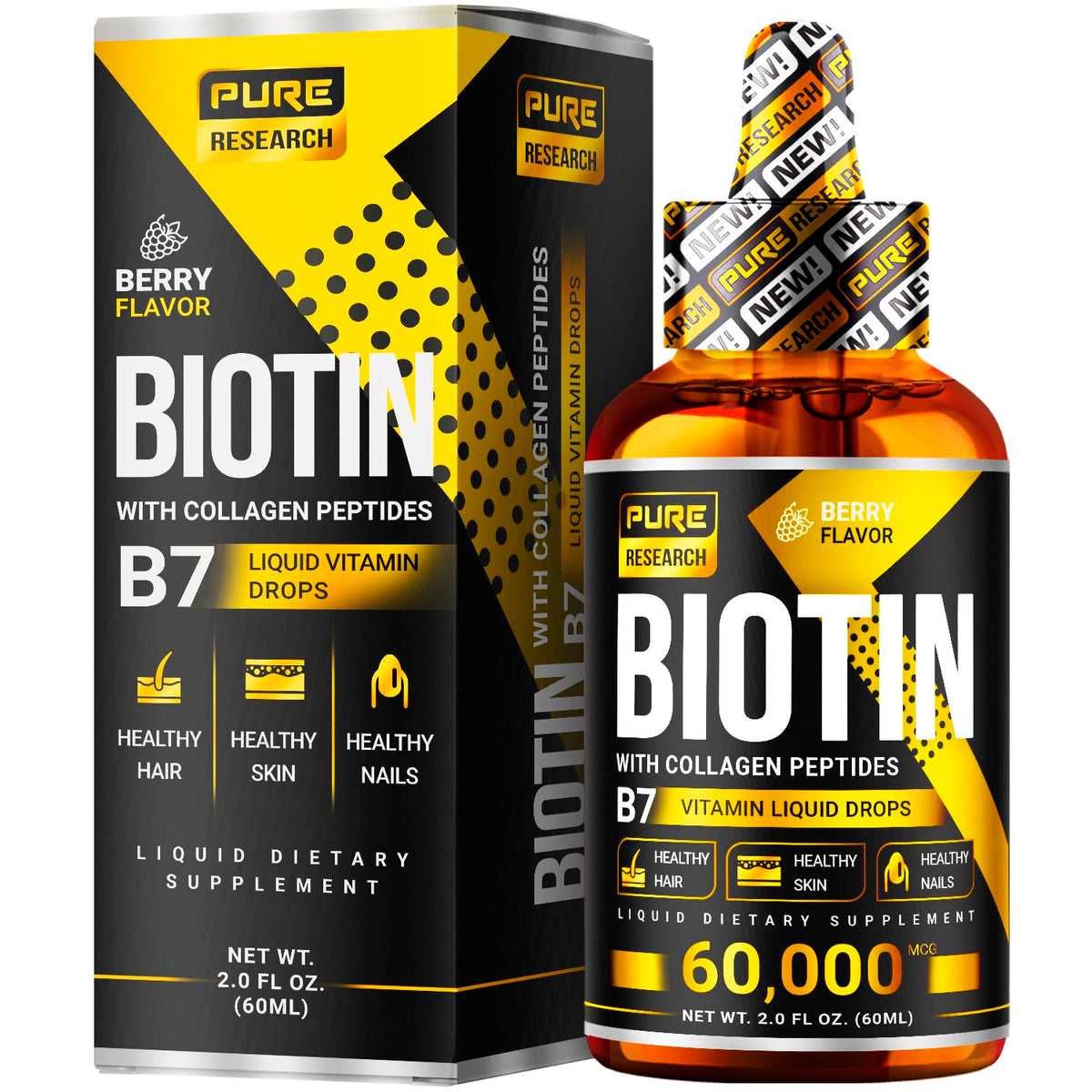 Gotas PURE RESEARCH biotina-colágeno, vertido de botella para cabello saludable.