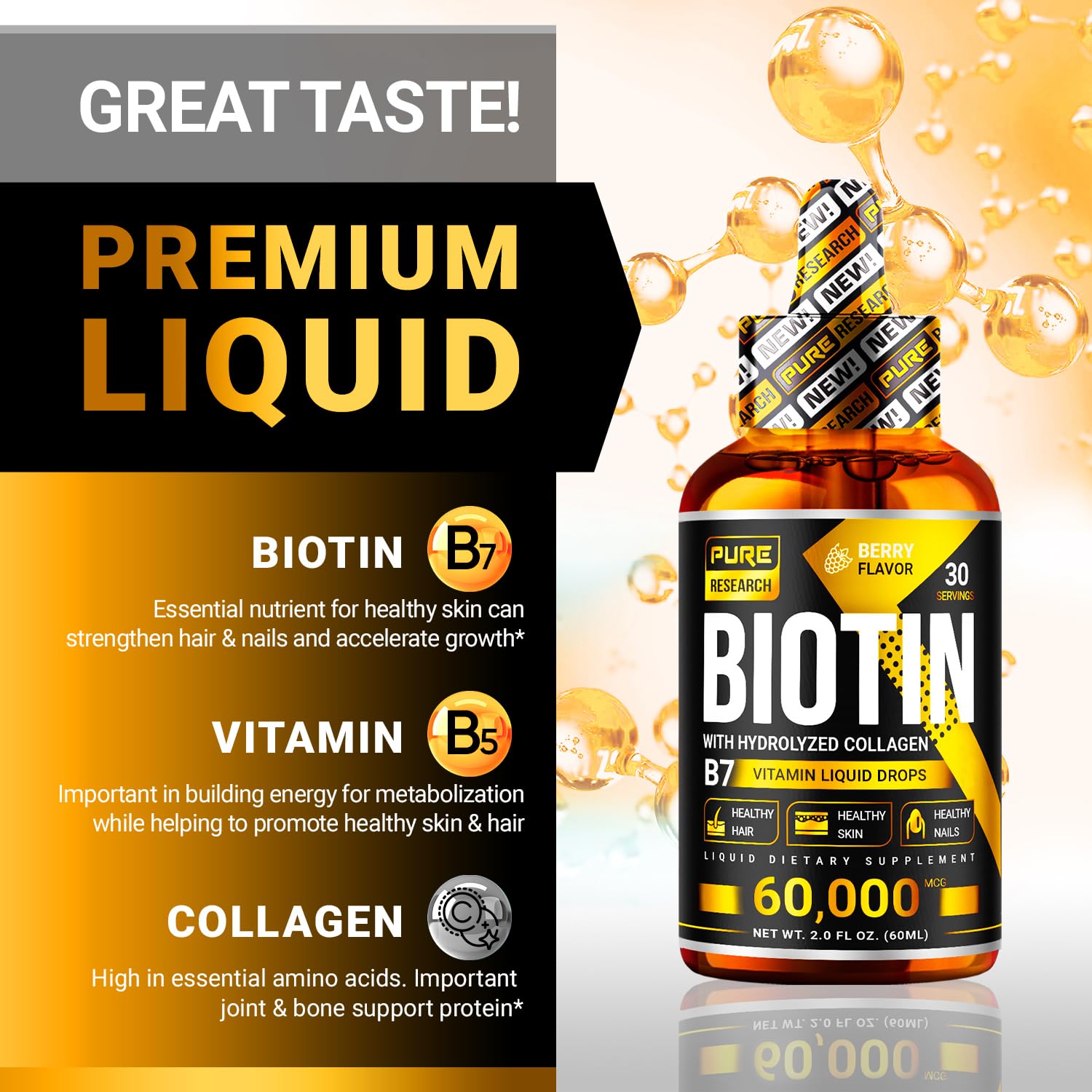 Gotas sabor frambuesa PURE RESEARCH biotina-colágeno para consumo diario.