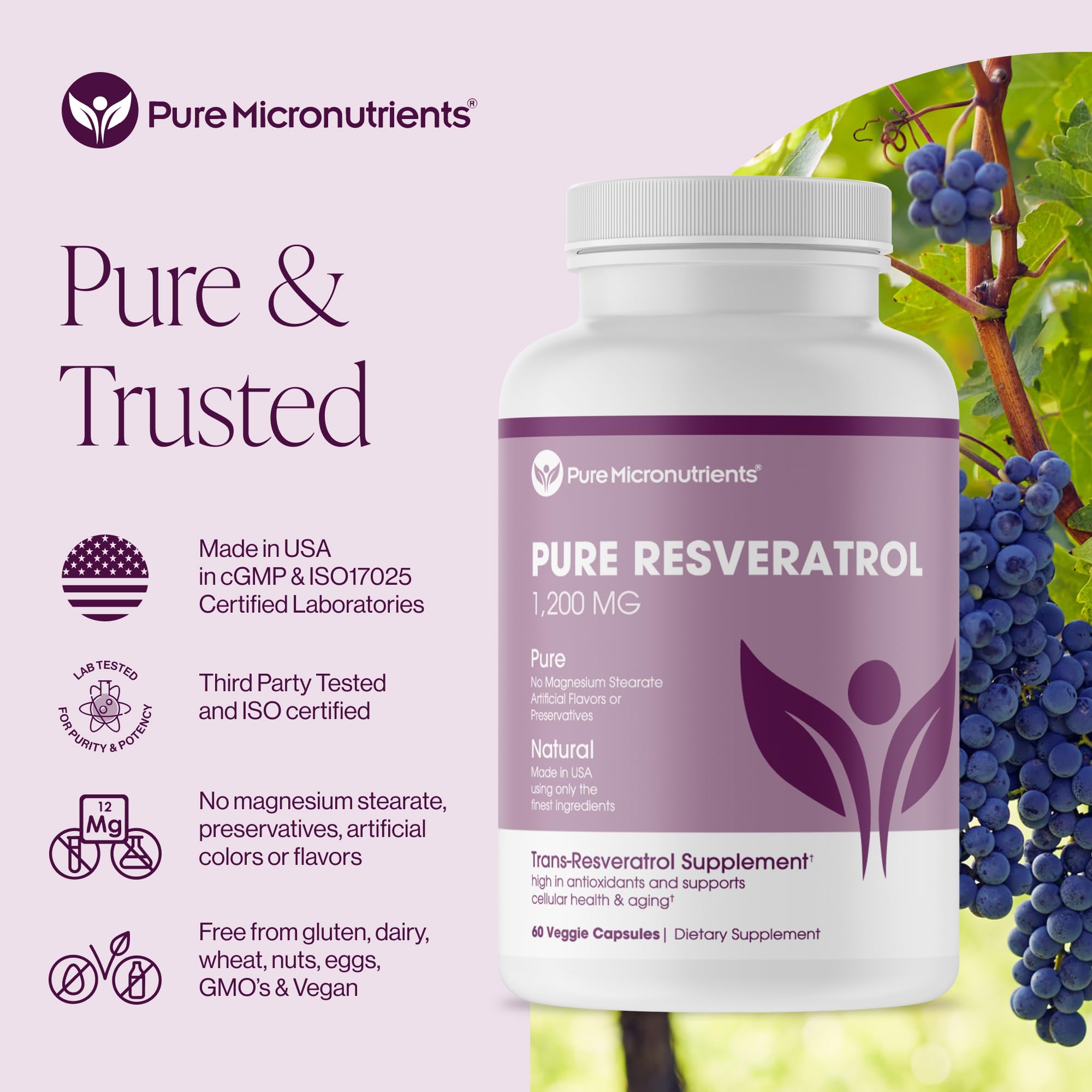 Pure Resveratrol, cápsulas veganas: fórmula para energía diaria.
