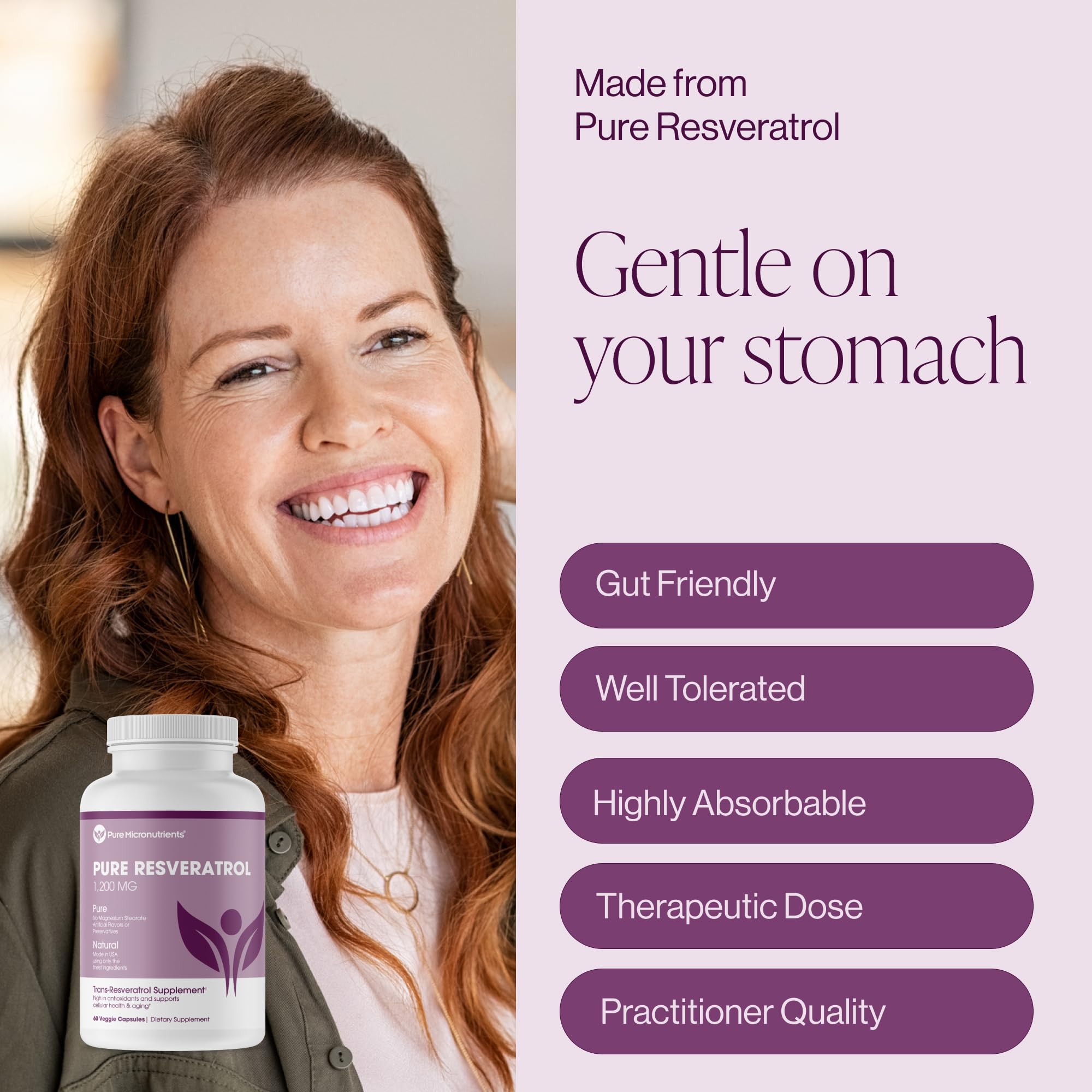Pure Resveratrol, hecho en EE.UU.: calidad respaldada por normas de producción.
