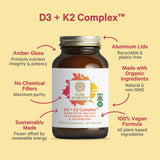 PURE SYNERGY D3 K2 Complejo, etiqueta: fórmula orgánica y sostenible.