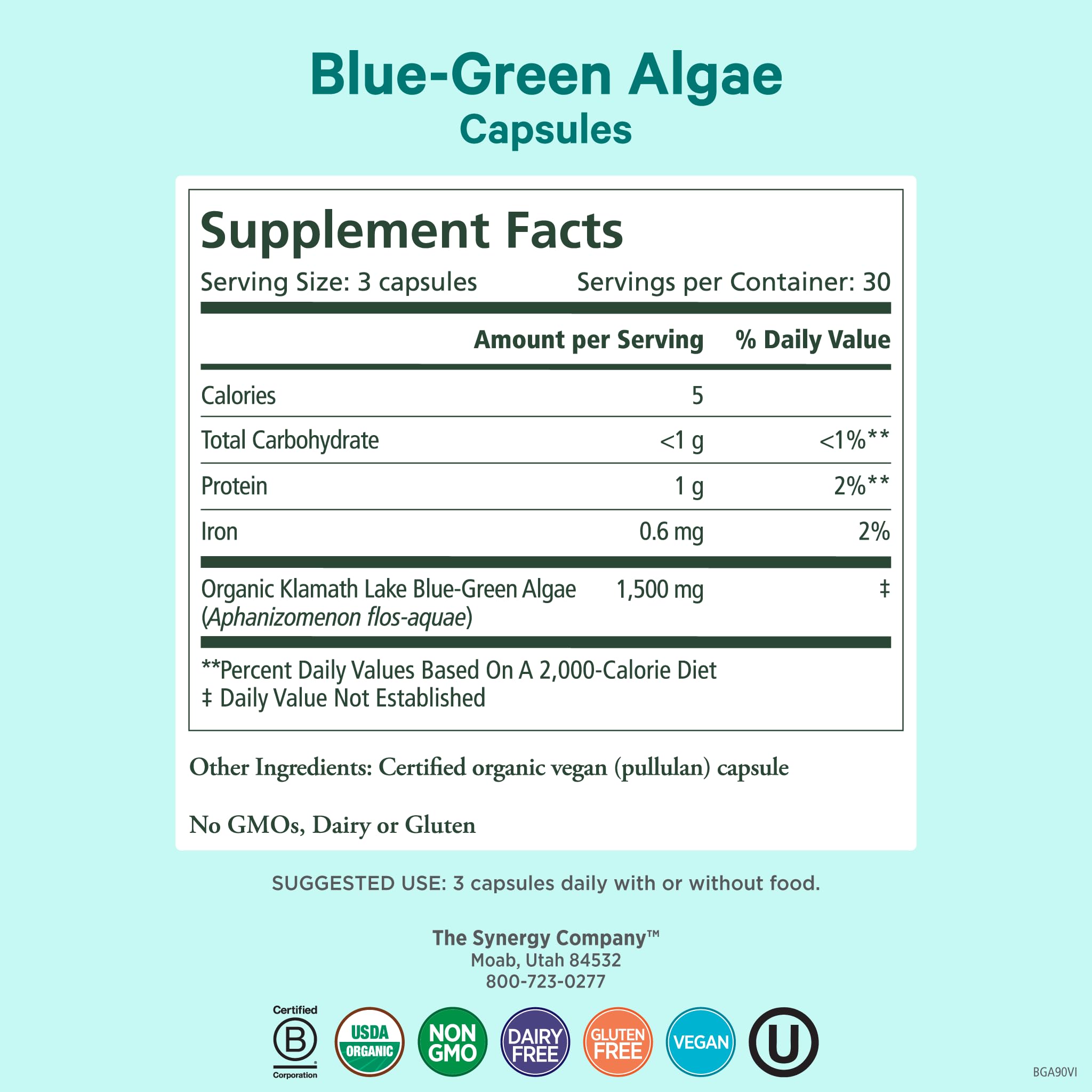PURE SYNERGY etiqueta orgánica de algas azul-verde