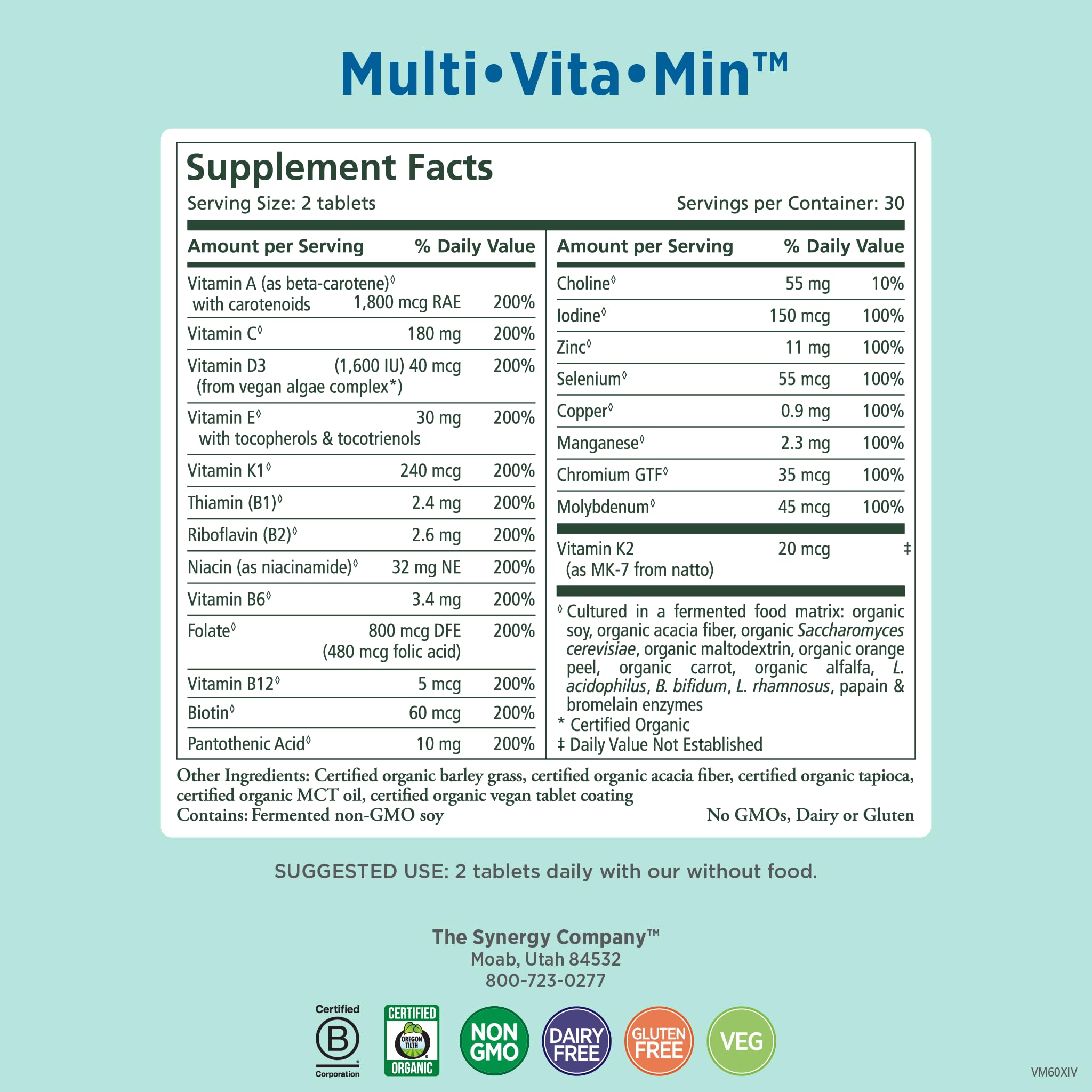PURE SYNERGY Multi·Vita·Min, etiqueta orgánica con ingredientes vegetales