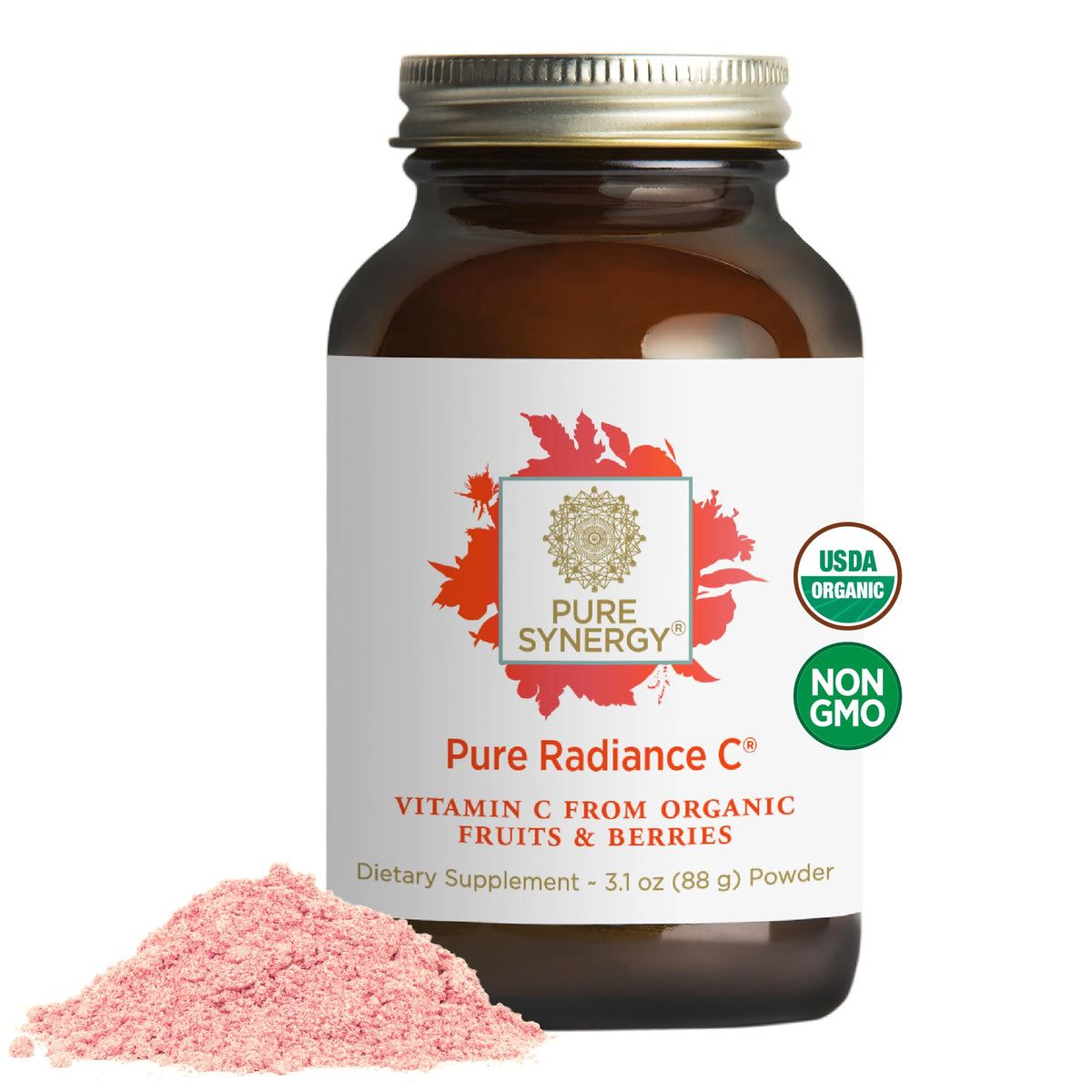 PURE SYNERGY Pure Radiance C en bote con etiqueta, vitamina C orgánica para apoyo inmunitario