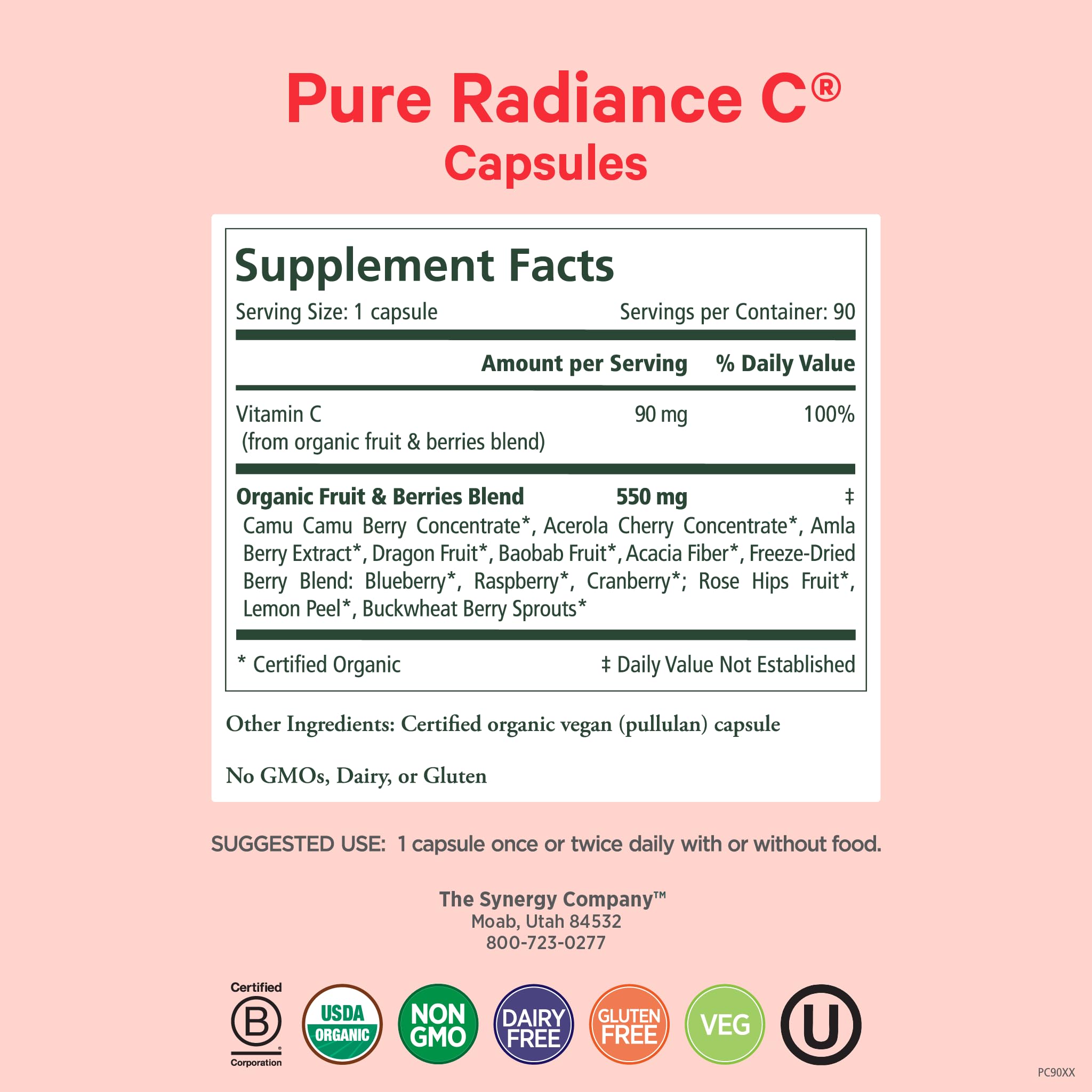 PURE SYNERGY Pure Radiance C cápsulas en bote, mezcla de camu camu y pitahaya para energía saludable.