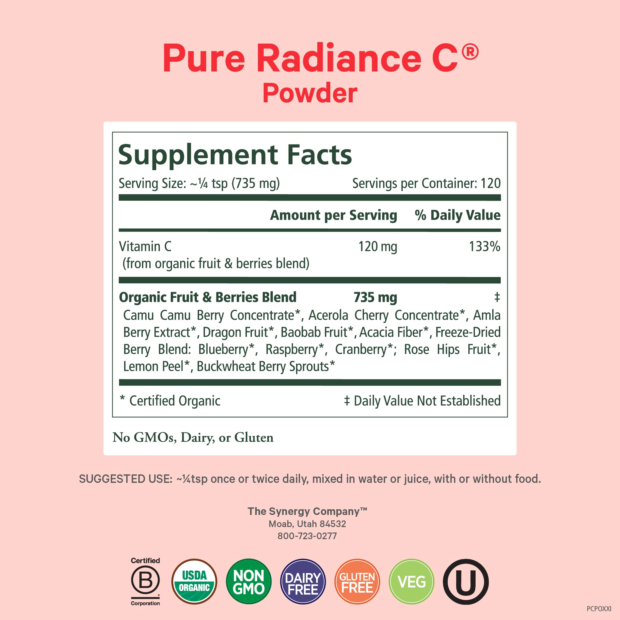 PURE SYNERGY Pure Radiance C etiqueta destacando ingredientes orgánicos y origen vegetal