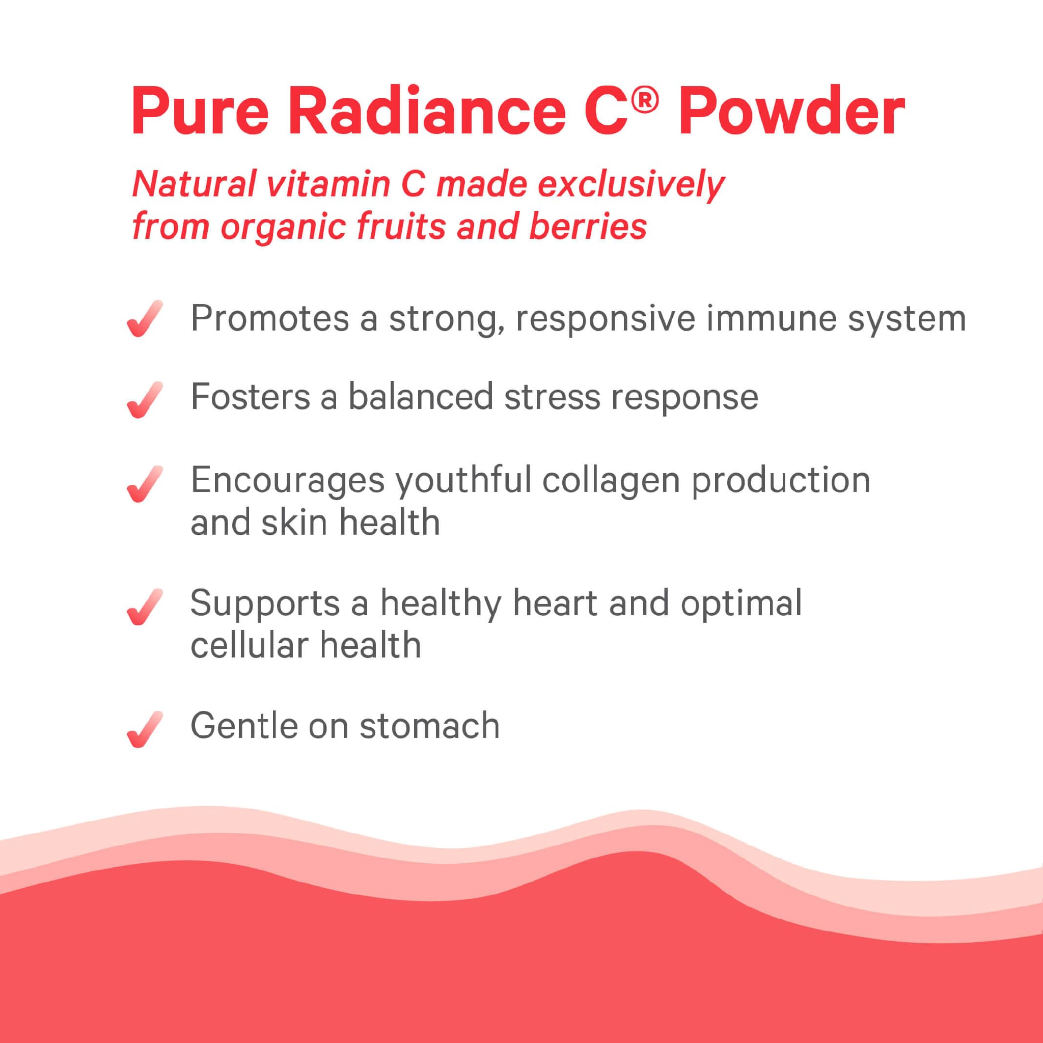 PURE SYNERGY Pure Radiance C ingredientes vegetales, camu camu y acerola para un perfil natural.