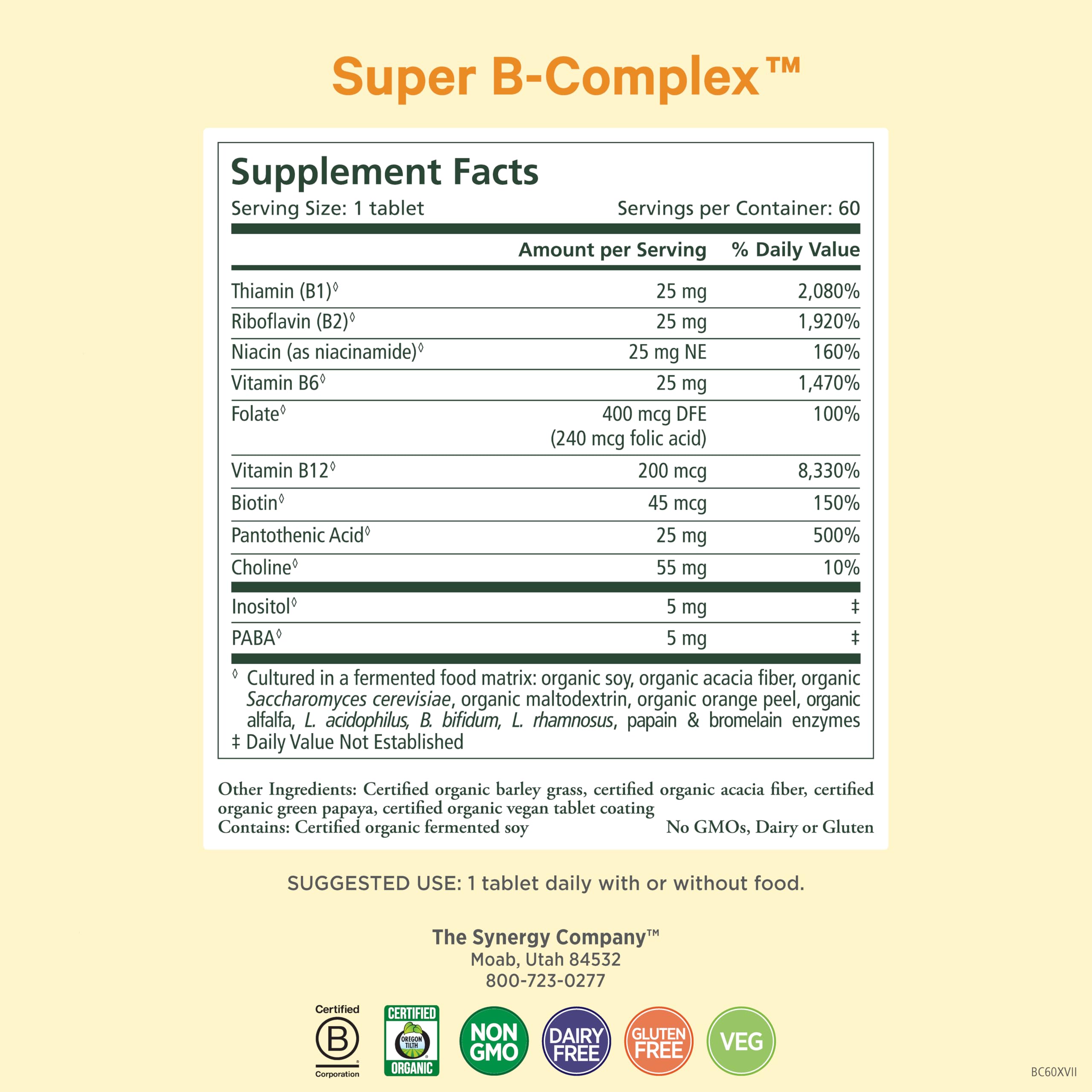 PURE SYNERGY Super B-Complex: botella con etiqueta orgánica para confianza en ingredientes.