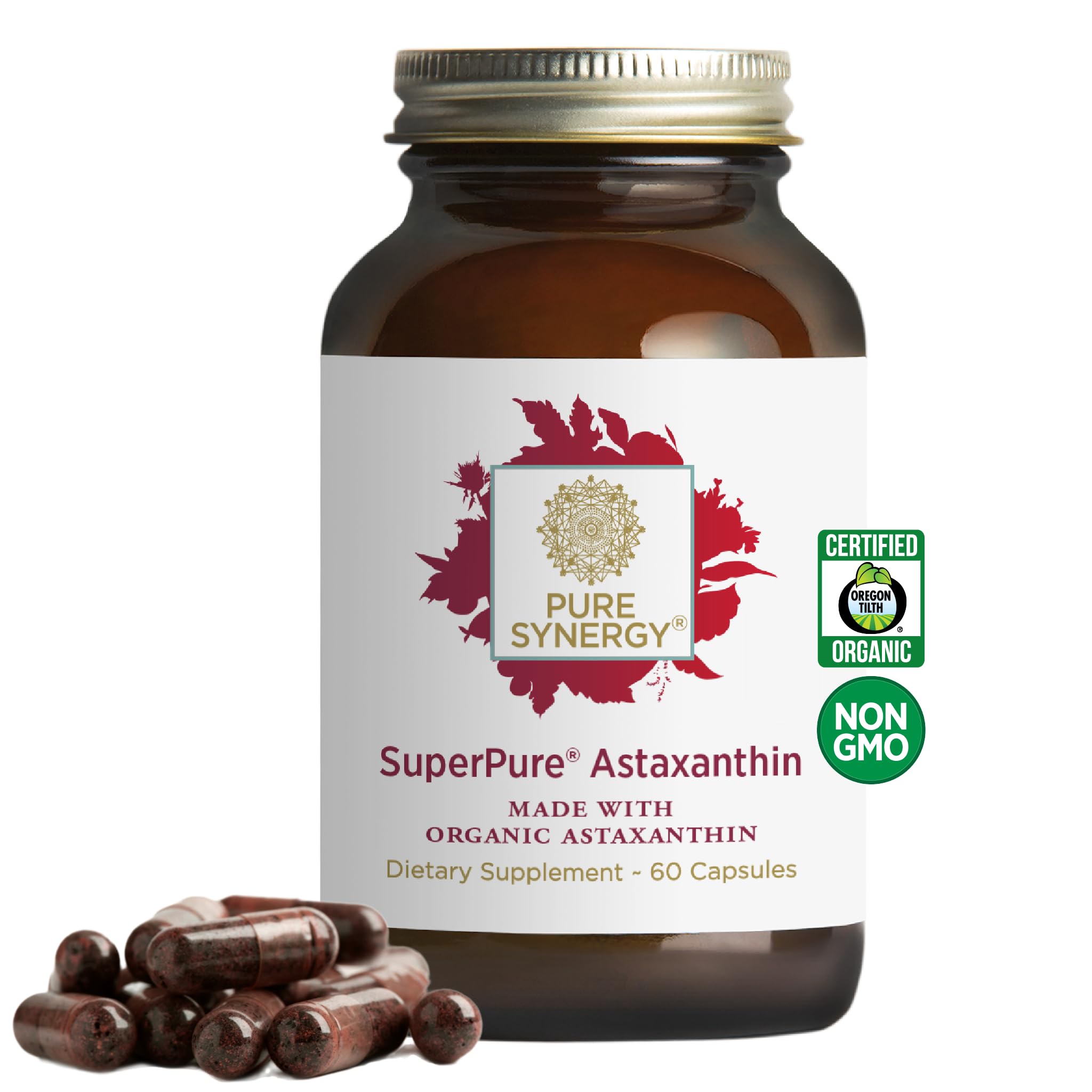PURE SYNERGY SuperPure Astaxantina, botella elegante para uso diario con soporte antioxidante.