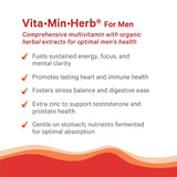 PURE SYNERGY Vita·Min·Herb para Hombre: etiqueta refleja ingredientes orgánicos y pureza.