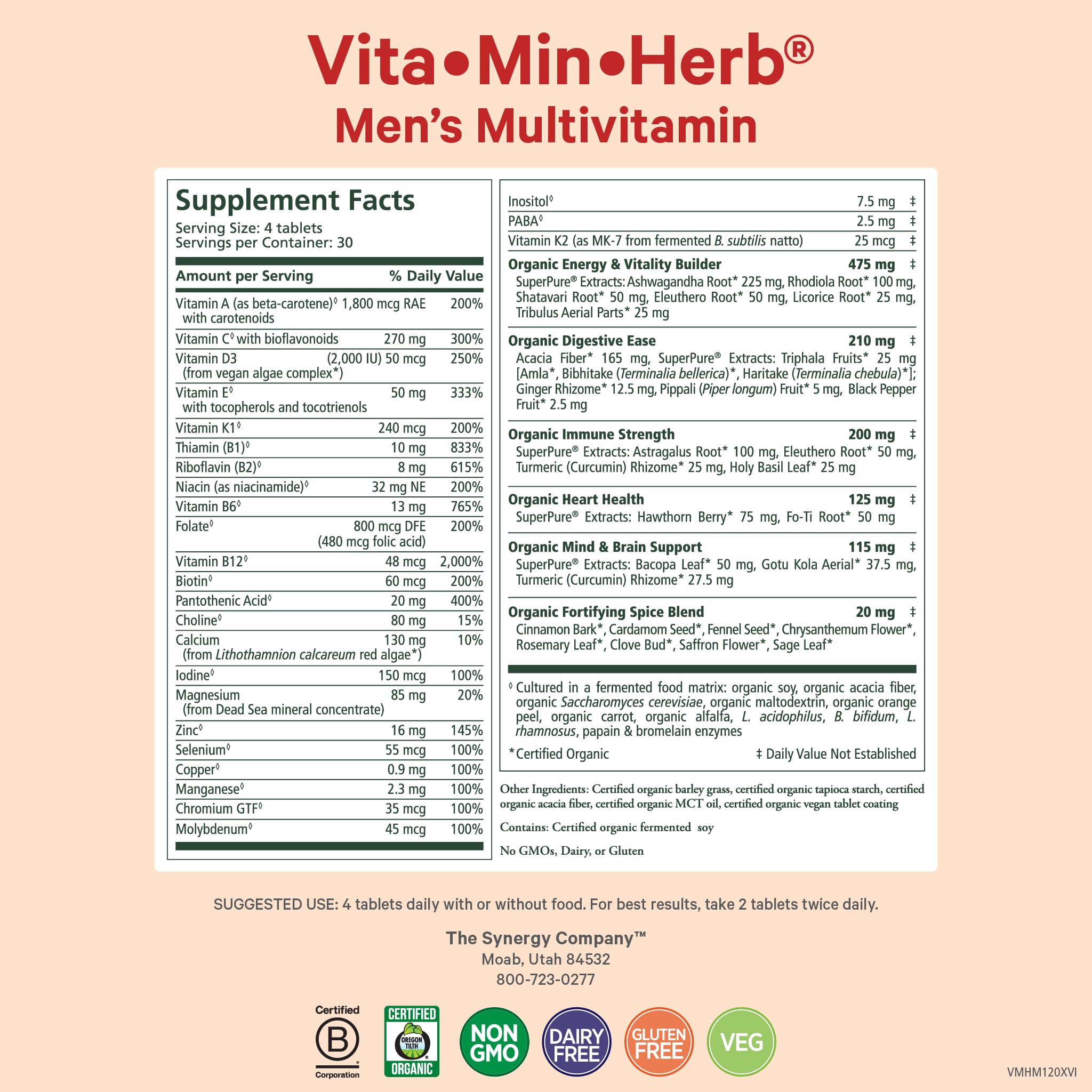 PURE SYNERGY Vita·Min·Herb para Hombre: tabletas en mano, nutrición diaria.