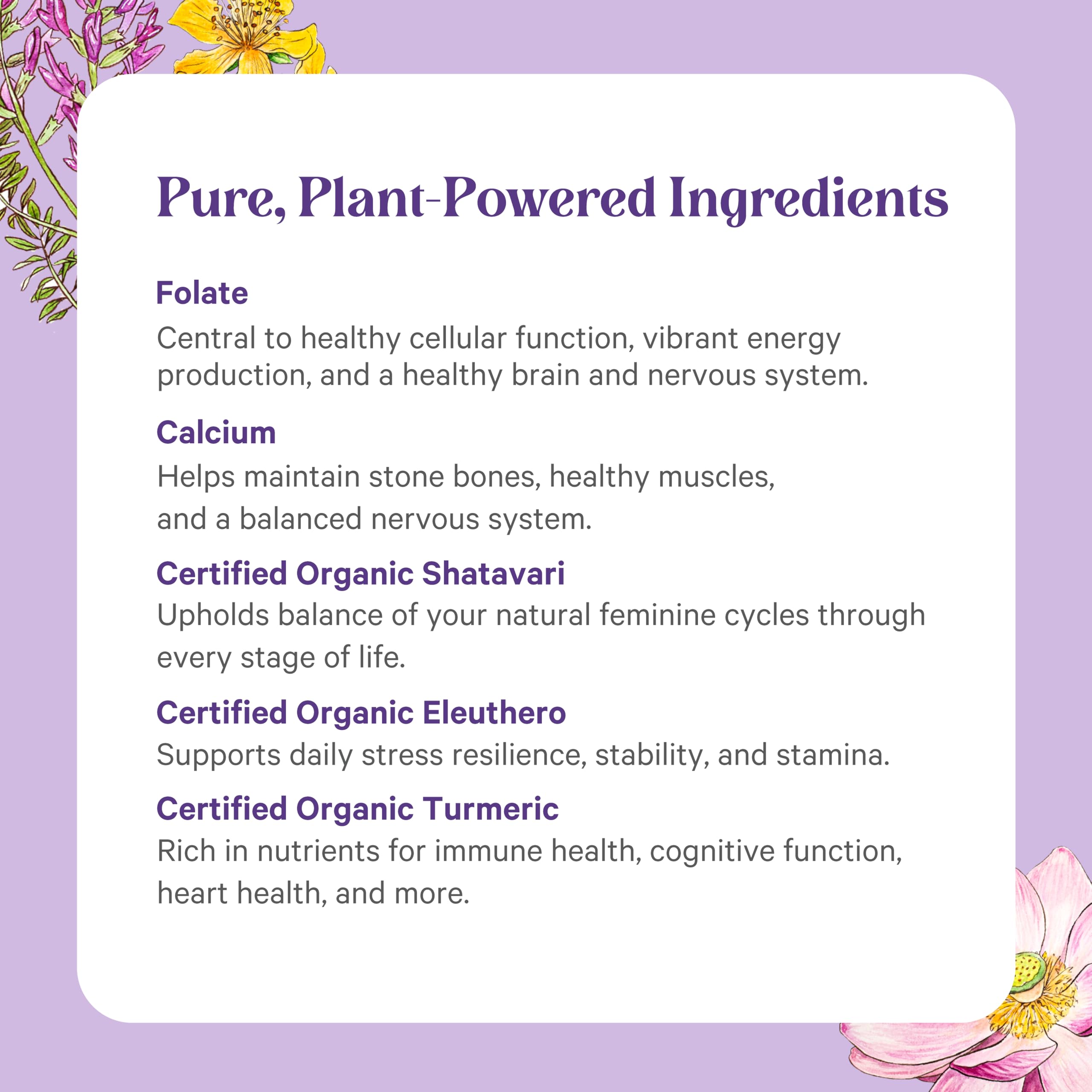 Pure Synergy Vita-Min-Herb ingredientes orgánicos y veganos visibles en etiqueta gráfica.