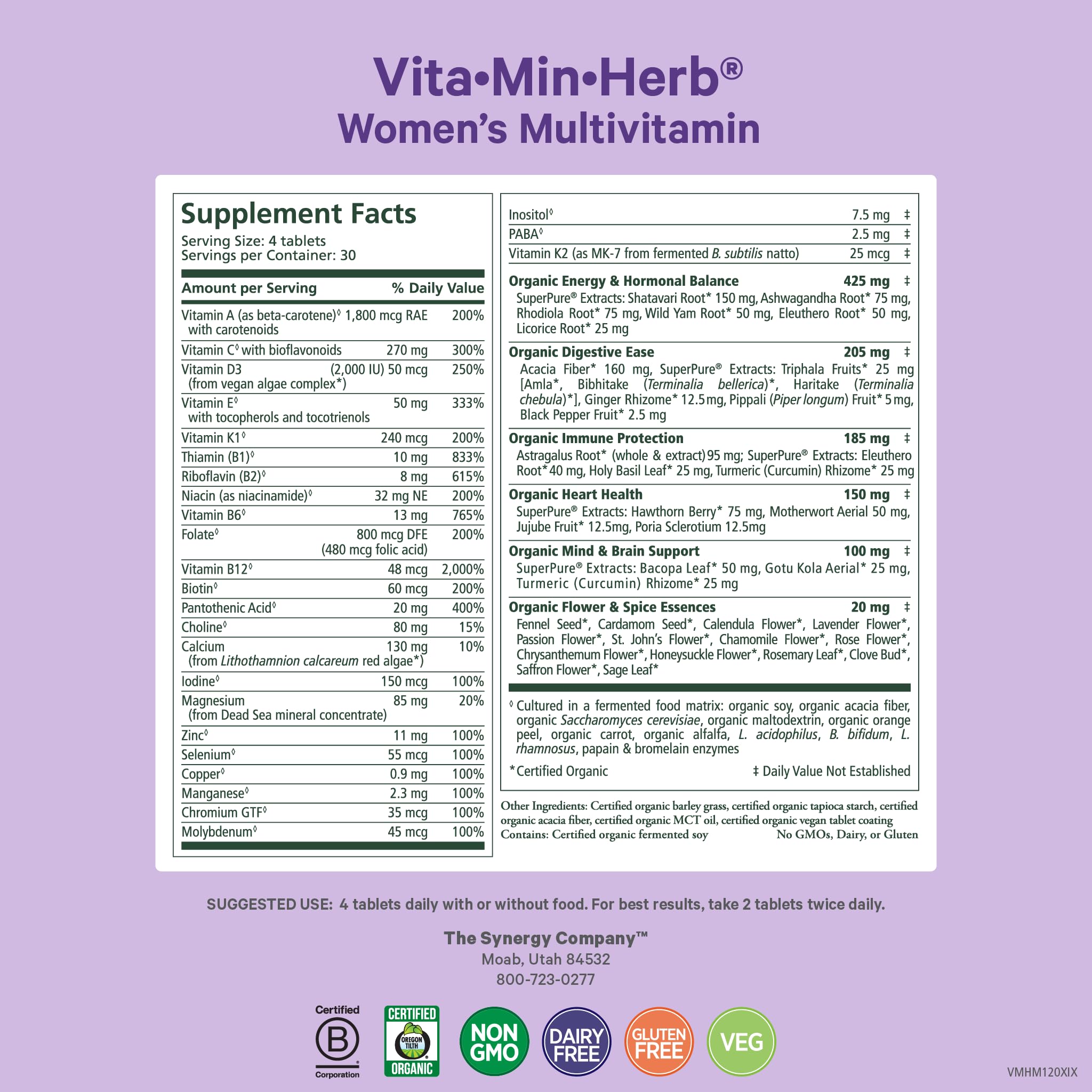 Pure Synergy Vita-Min-Herb para mujer: tabletas sobre fondo neutro para dieta vegana.