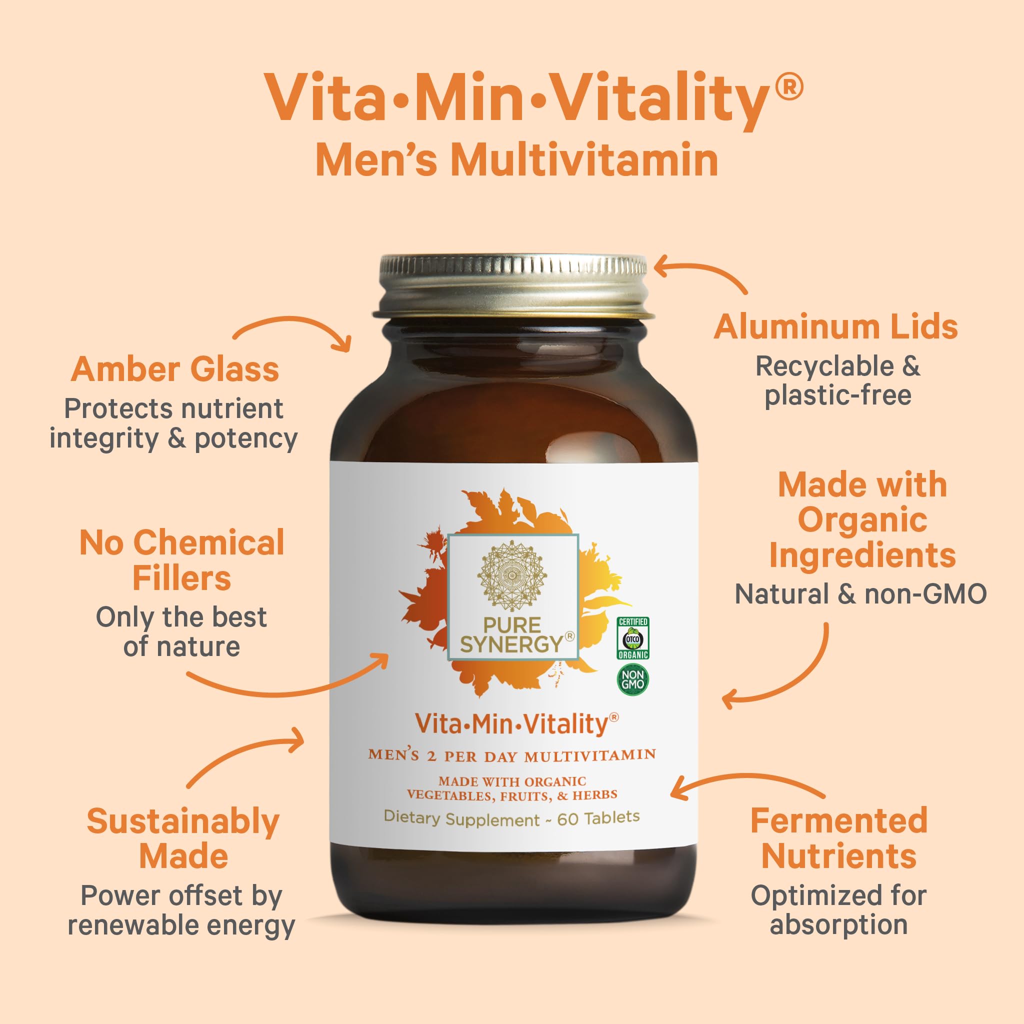 PURE SYNERGY Vita-Min-Vitalidad: etiqueta que destaca ingredientes orgánicos para bienestar diario