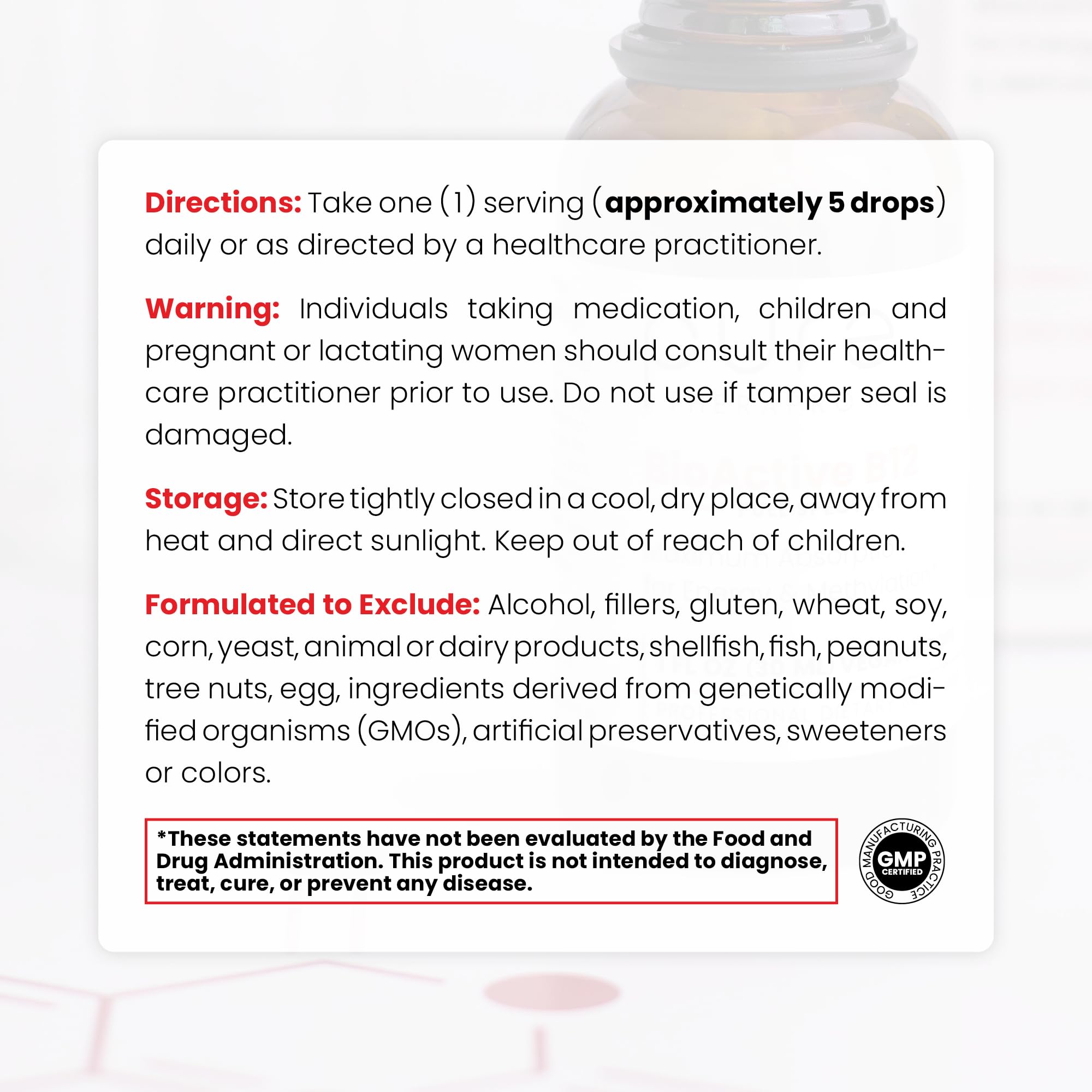 Pure TheraPro BioActive B12: etiqueta clara para seguridad diaria.