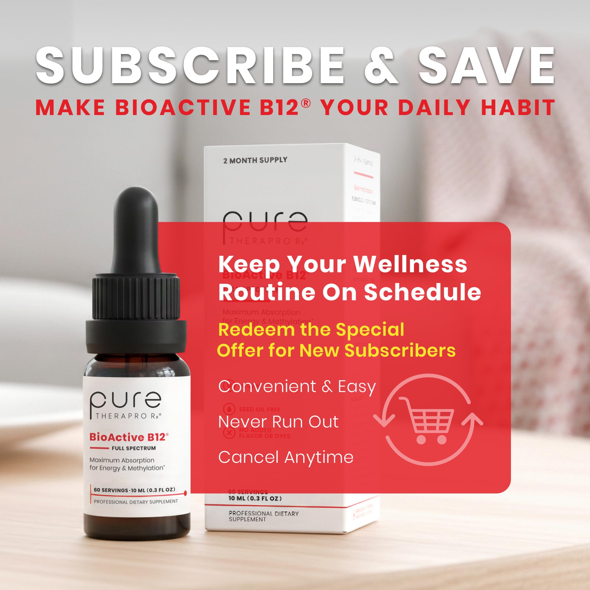 Pure TheraPro BioActive B12: frasco de 10 ml para uso práctico.