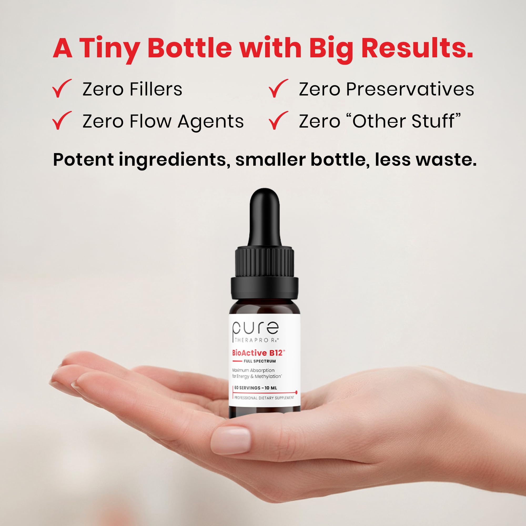 Pure TheraPro BioActive B12: textura suave facilita disolución sublingual.
