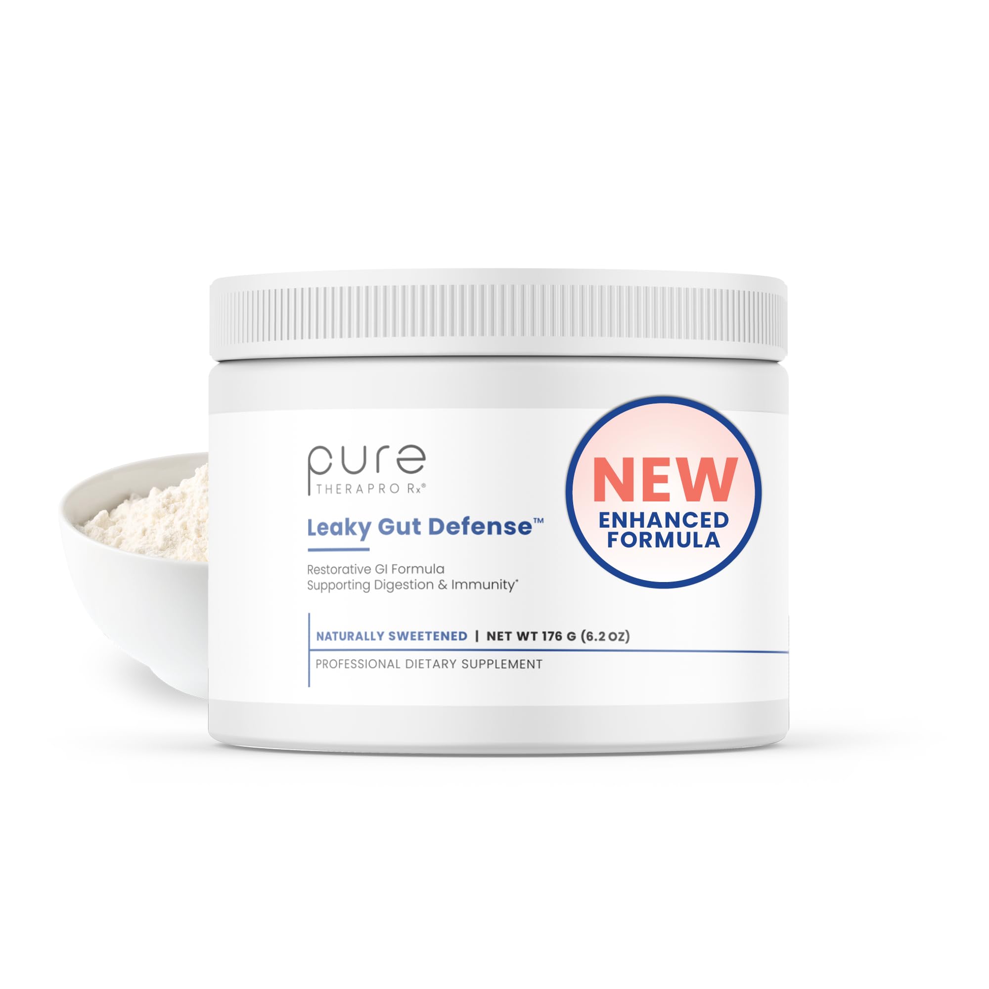 Pure Therapro Rx Leaky Gut Defense, envase frontal, posible apoyo digestivo diario.