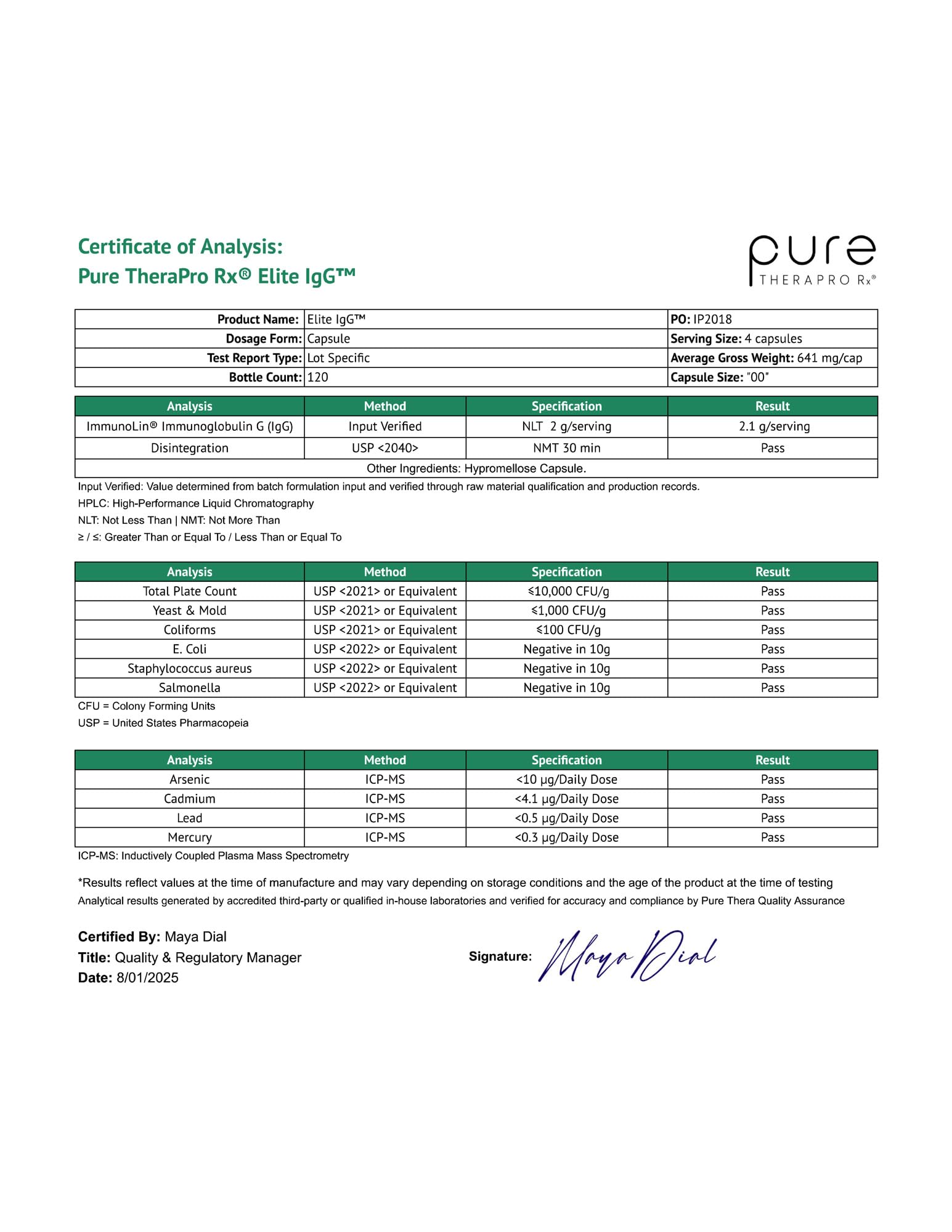 Certificados de calidad y control en Pure Therapro Rx Elite IgG