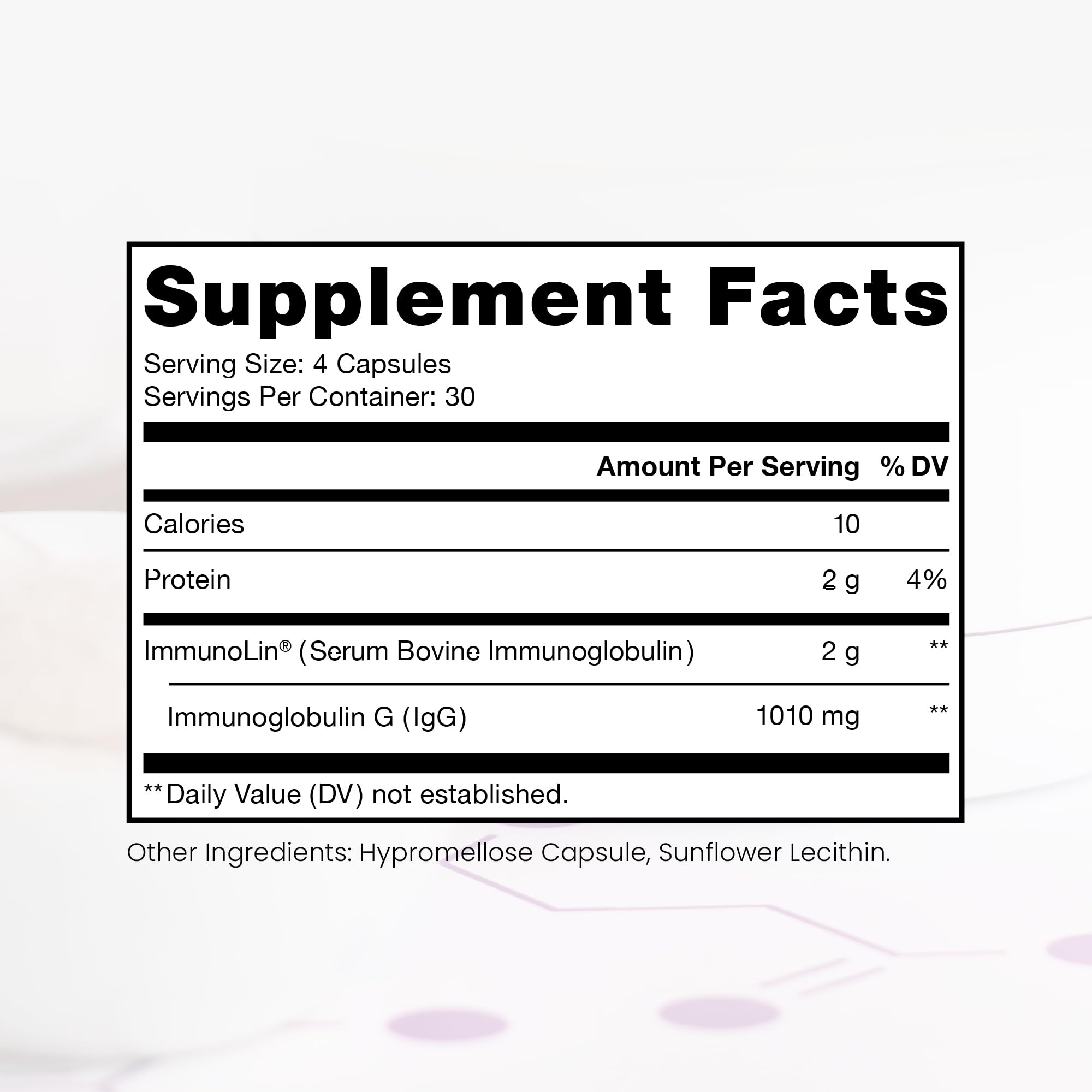 Etiqueta frontal de Pure Therapro Rx Elite IgG con uso y beneficios