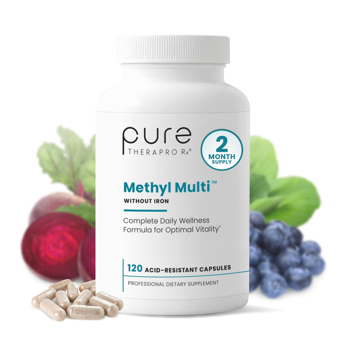 Pure Therapro Rx Multivitamínico Metilado, frente: etiqueta clara y fórmula vegana sin rellenos