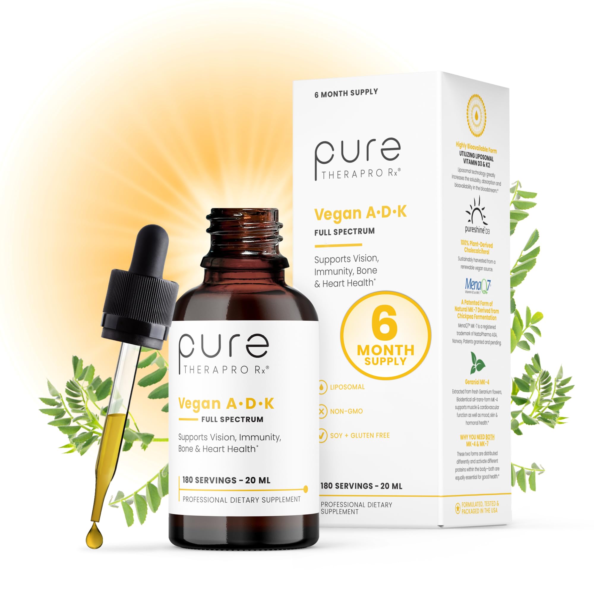 Pure Therapro Rx gotas veganas en botella para apoyo diario de vitaminas A, D3 y K2.