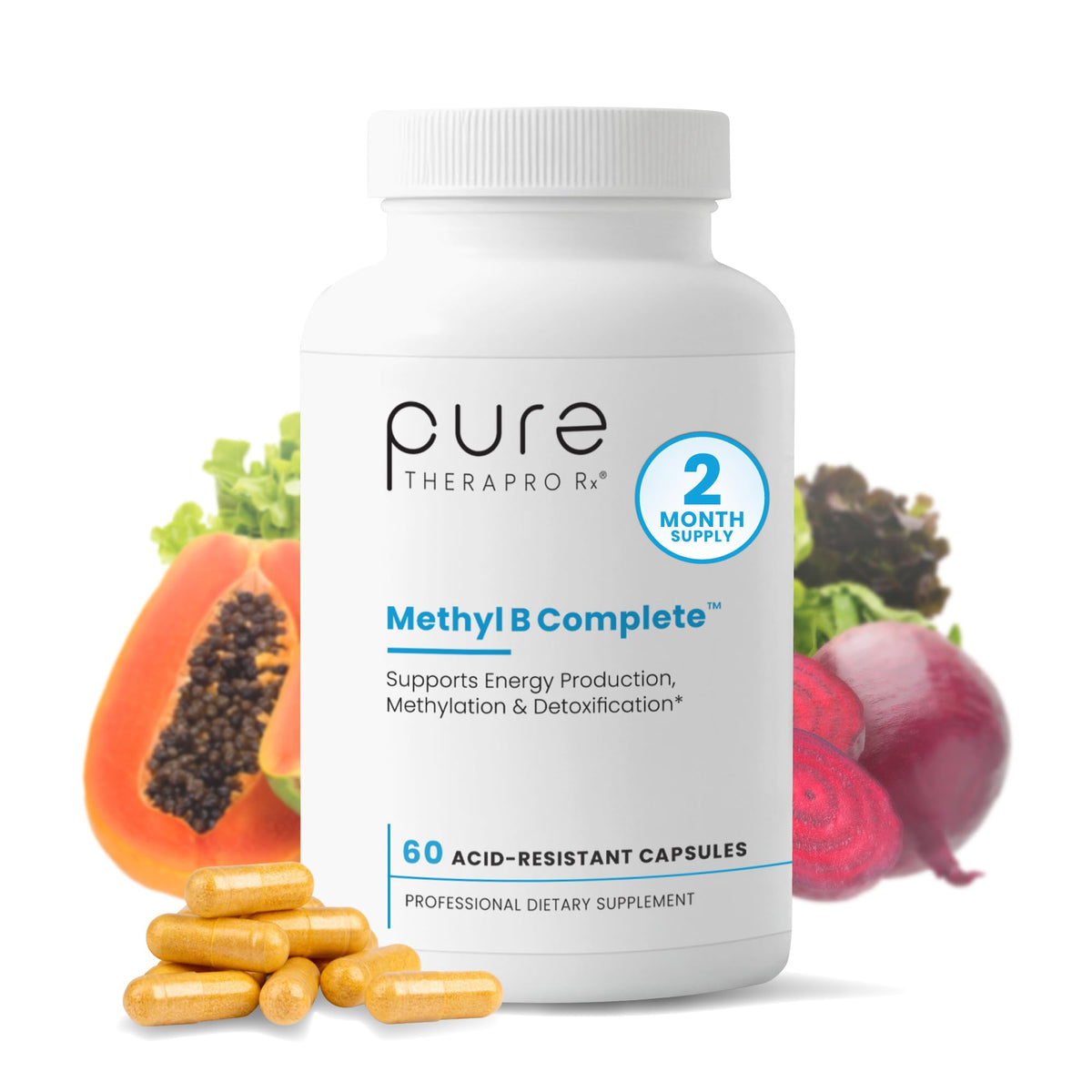 Pure Therapro Rx Methyl B Complete: botella visible para energía diaria.