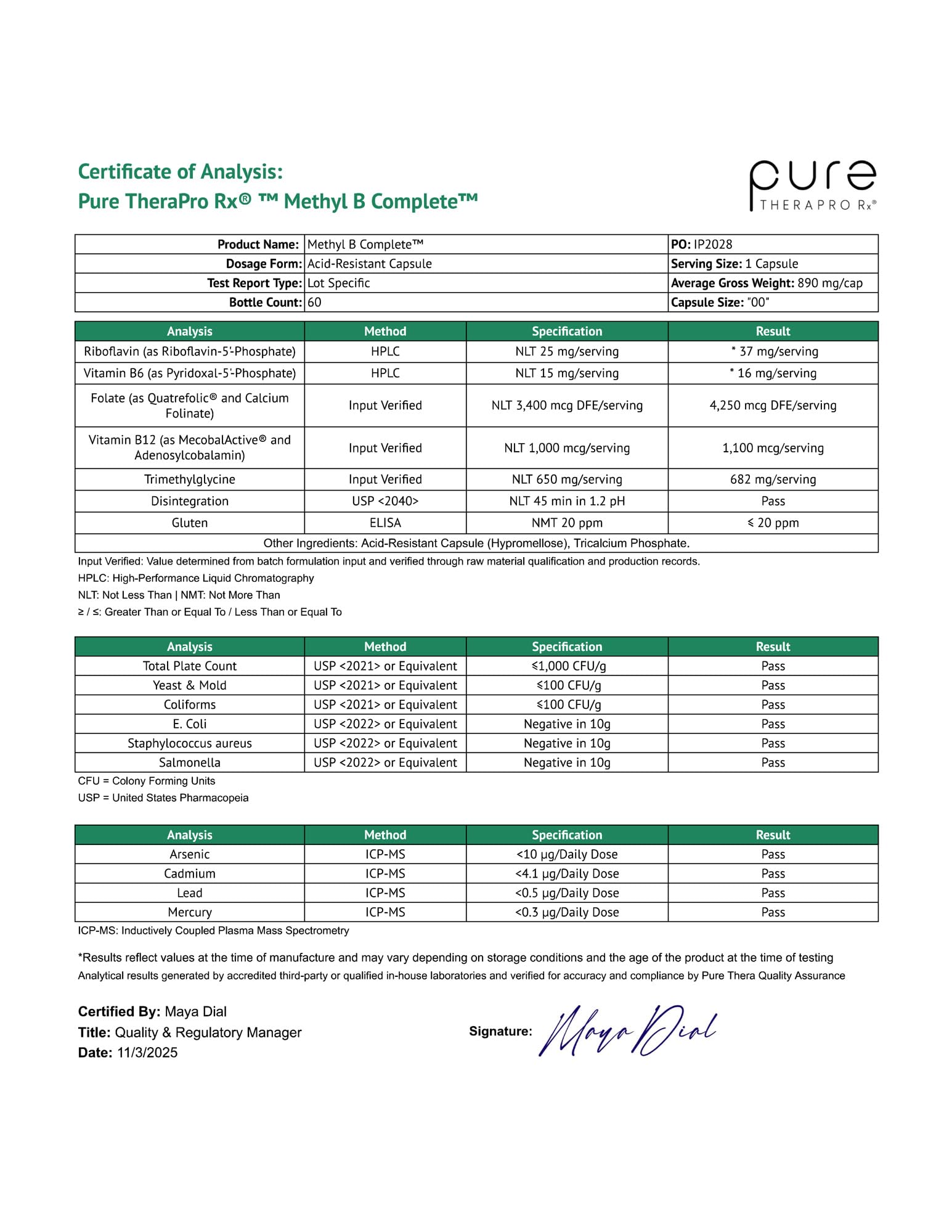 Pure Therapro Rx Methyl B Complete: cápsulas brillantes dentro del envase.
