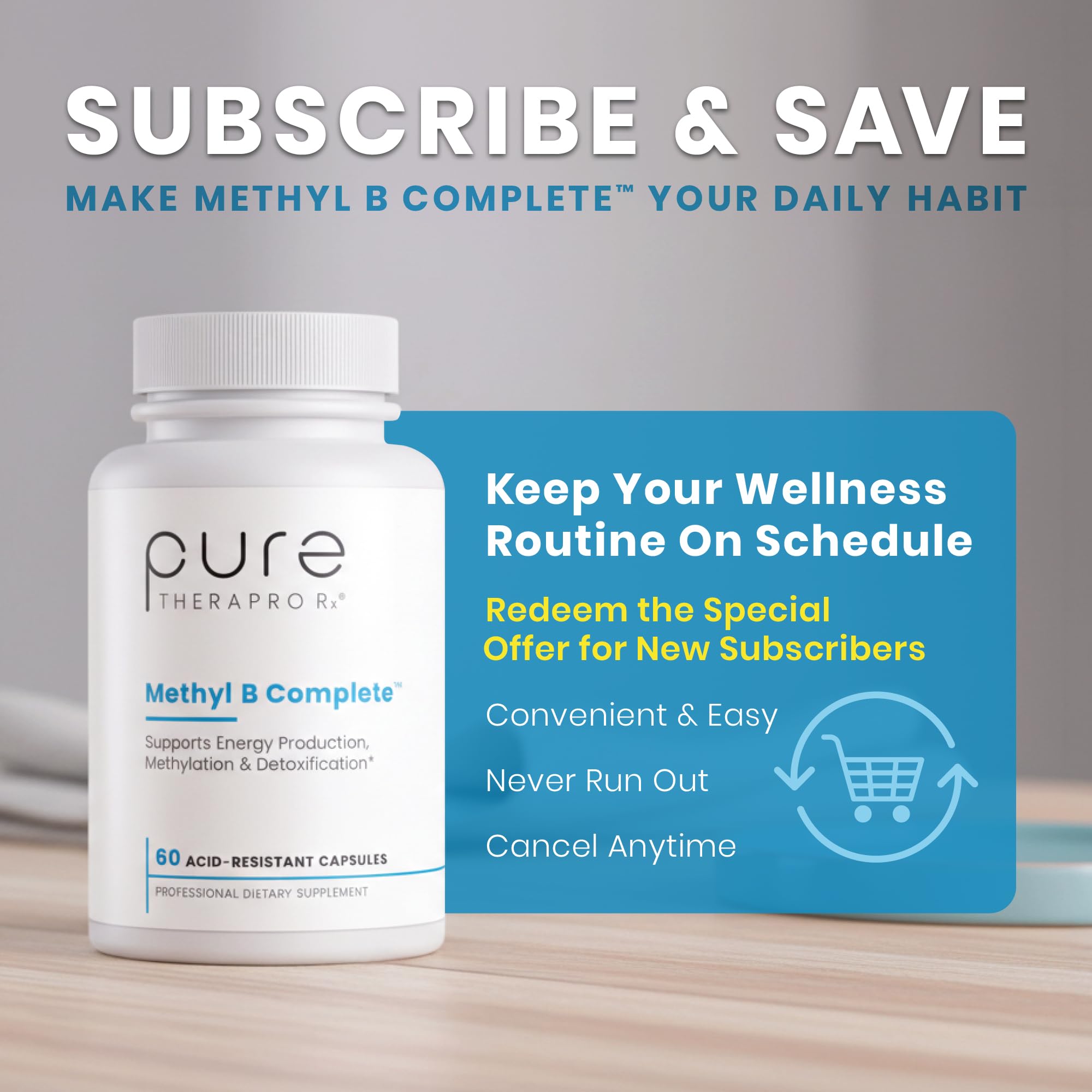 Pure Therapro Rx Methyl B Complete: etiqueta clara con Quatrefolic y B12.