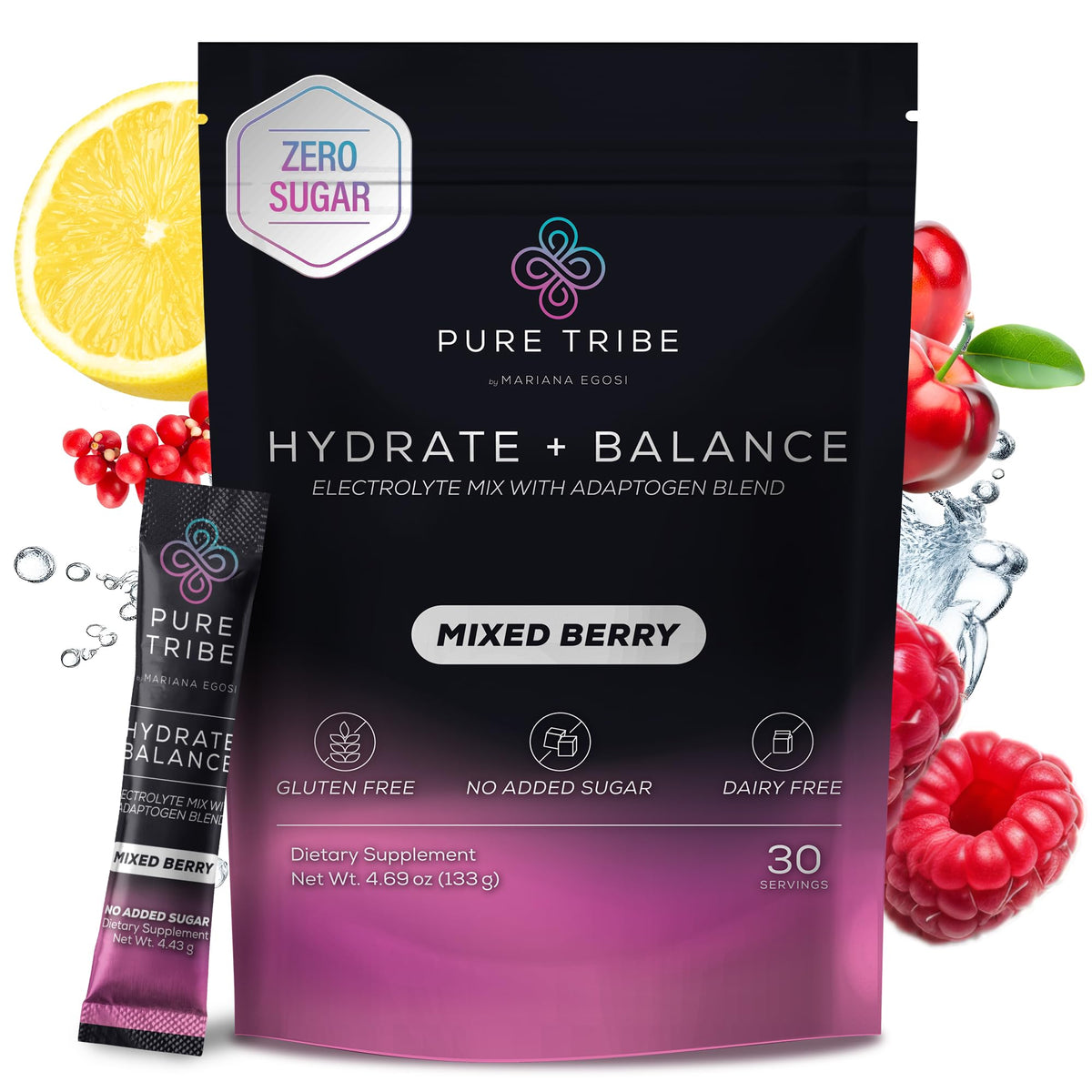 PURE TRIBE sobres electrolitos, empaque frutos rojos para hidratación rápida