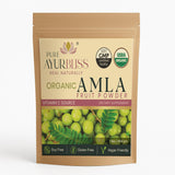 Polvo de amla de PureAyurbliss: botella para consumo diario y aroma fresco.