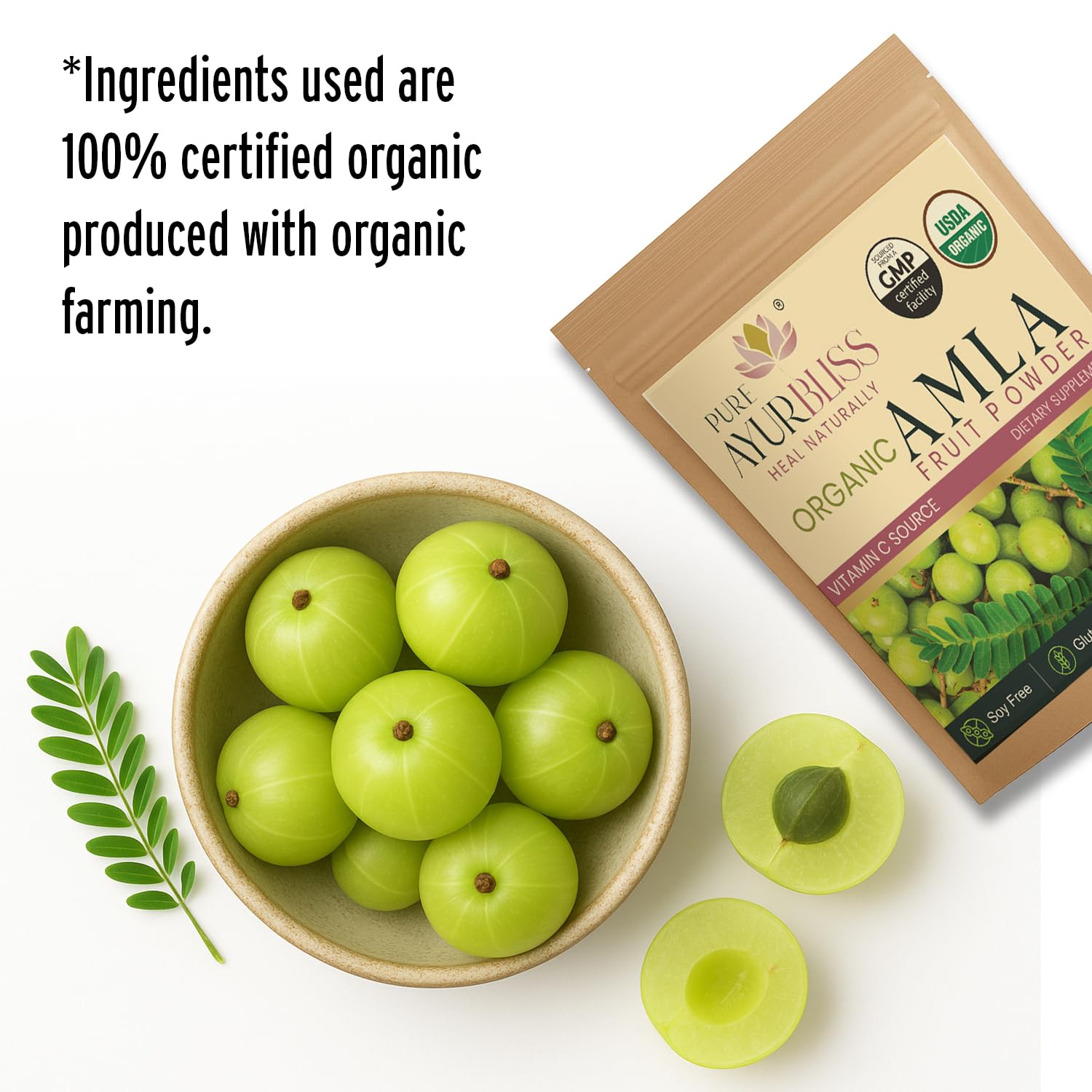 Cuidado capilar con polvo amla PureAyurbliss para cabello fuerte.