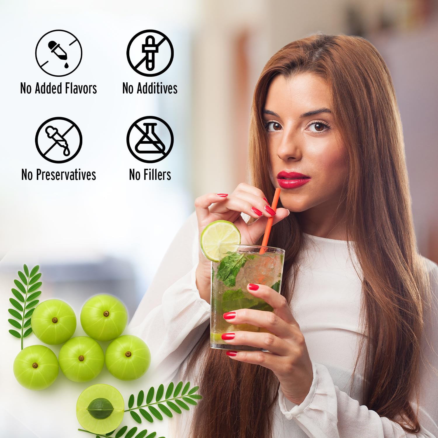 Piel radiante con polvo amla PureAyurbliss en rituales de cuidado.