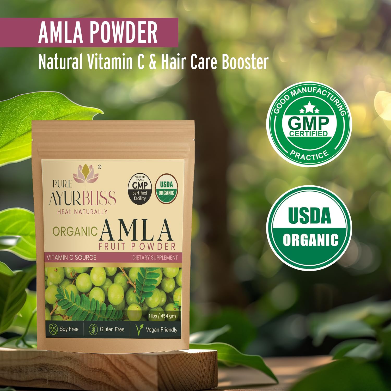 Tarro de polvo amla PureAyurbliss para almacenamiento seguro.