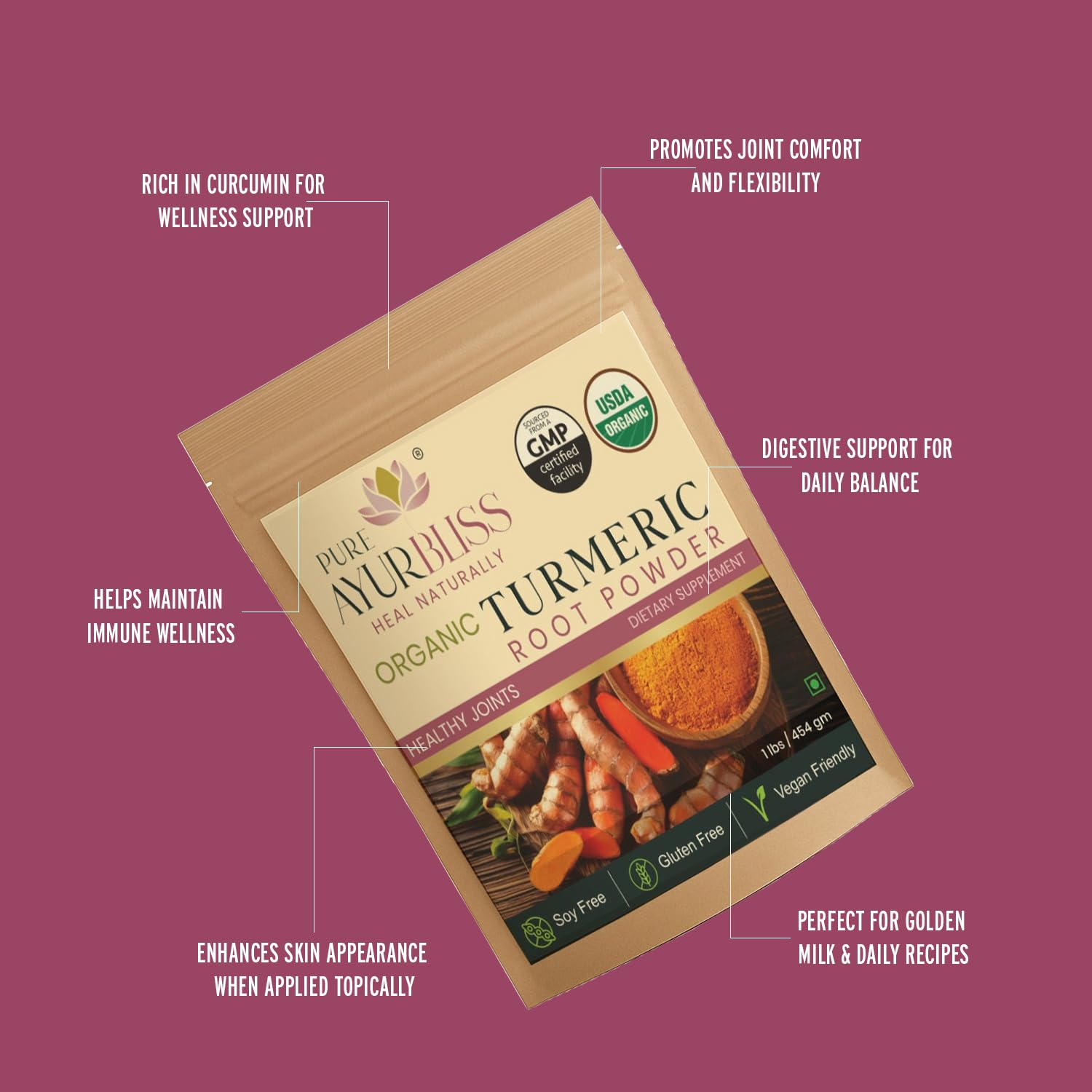 PureAyurbliss polvo de cúrcuma para digestión suave