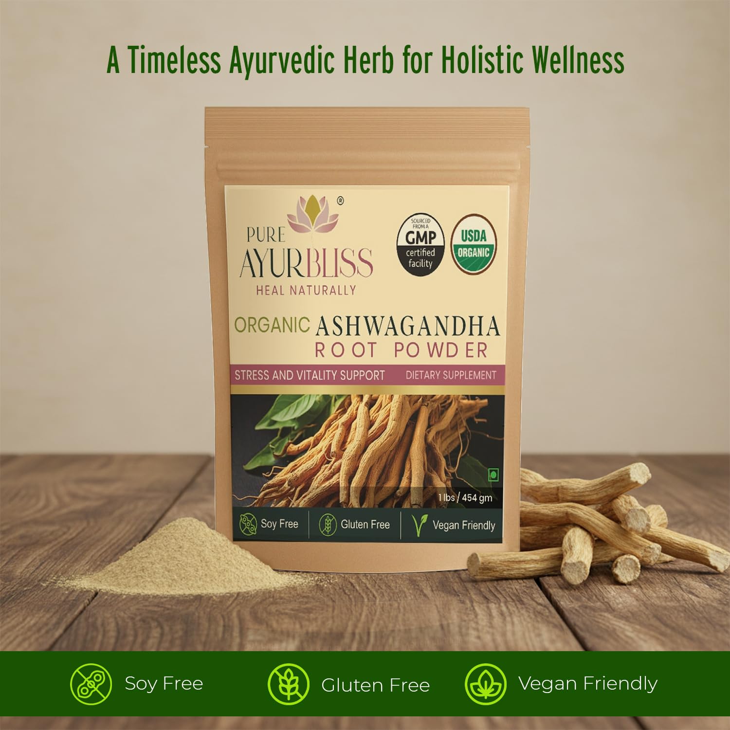 PureAyurbliss cucharita medidora de Ashwagandha, dosificación fácil para ritual diario de bienestar