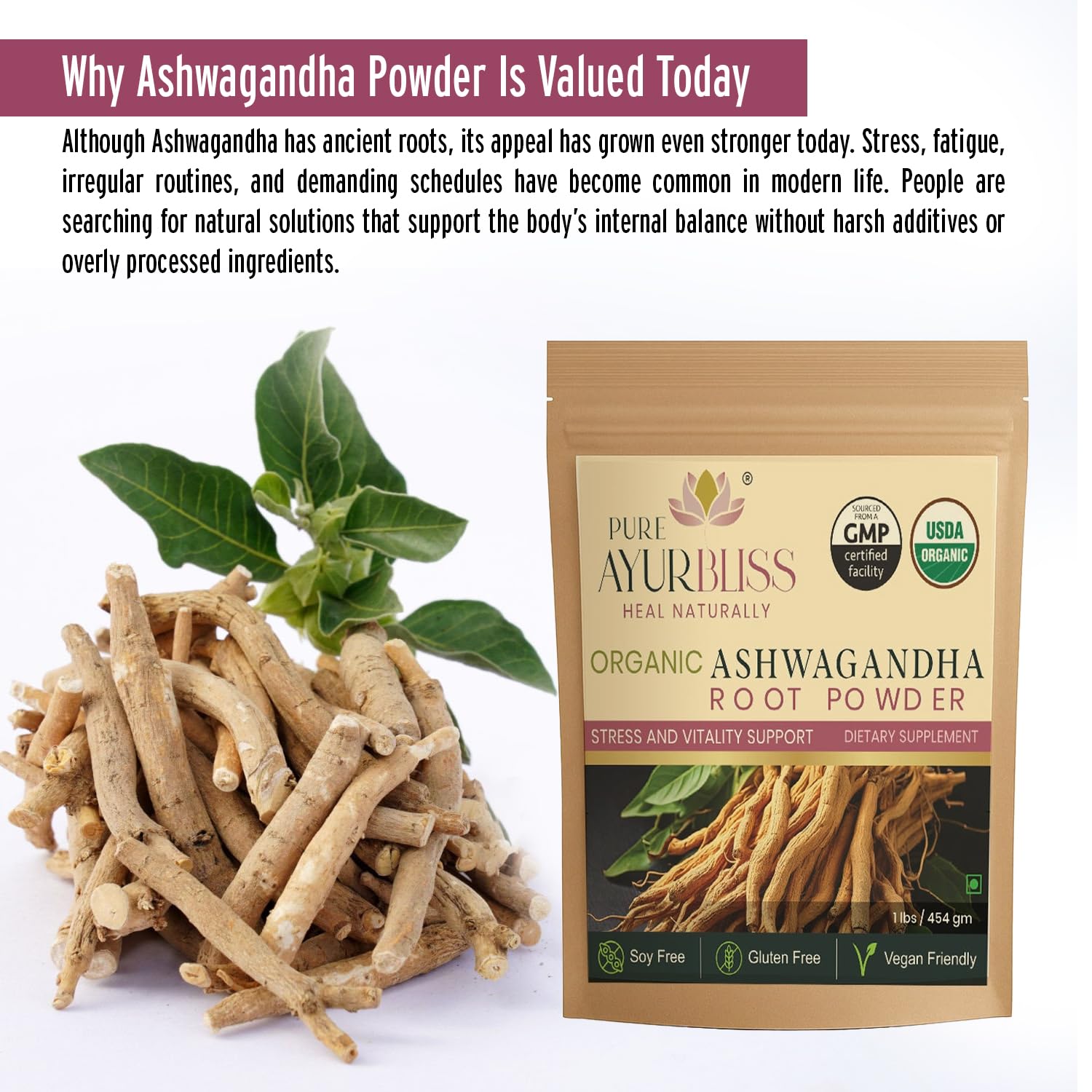 PureAyurbliss envase transparente Ashwagandha, almacenamiento cómodo y protegido