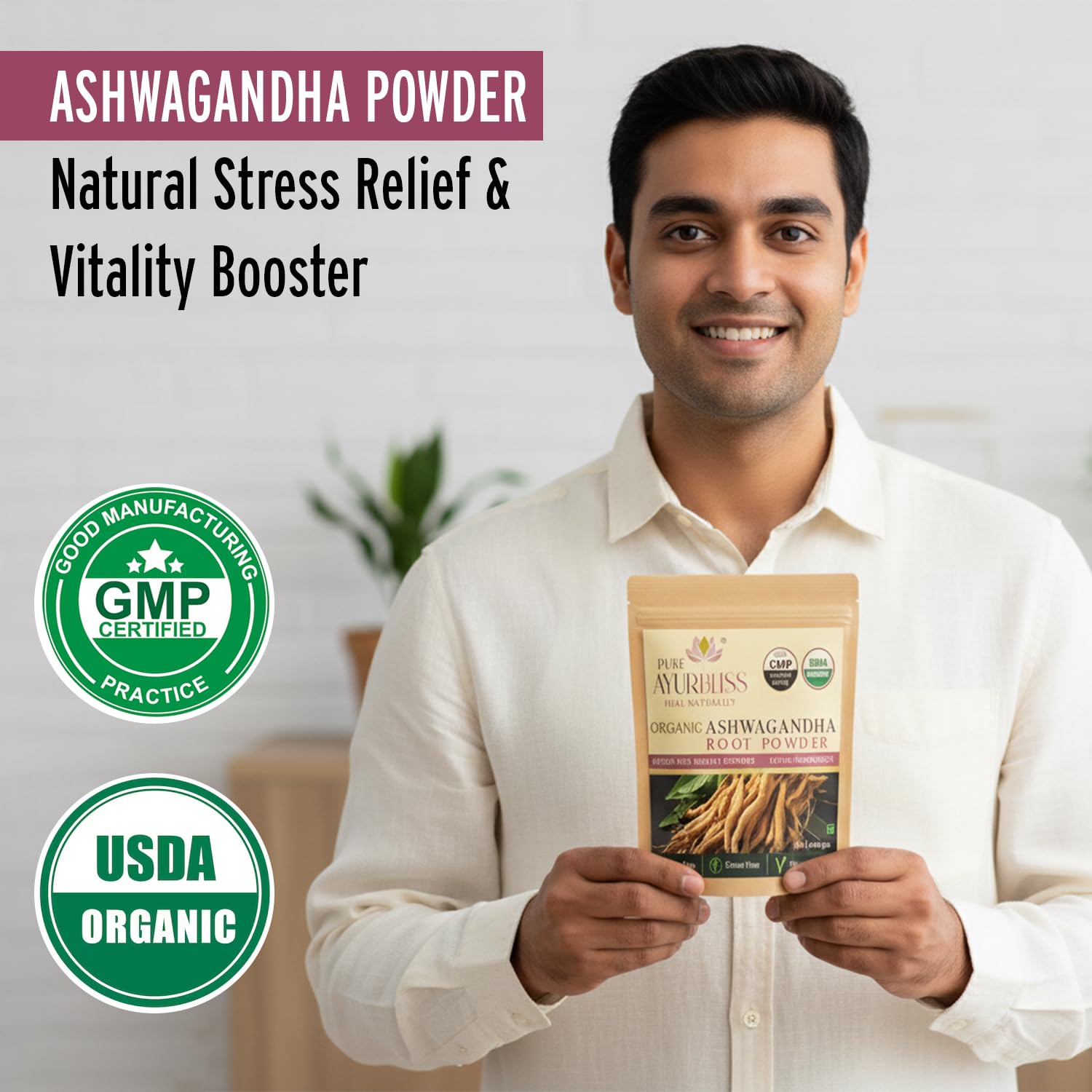 PureAyurbliss etiqueta del producto Ashwagandha, información clara para consumo consciente