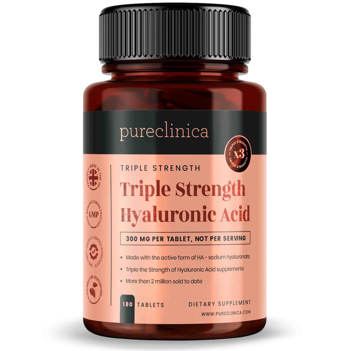 Pureclinica ácido hialurónico triple-fuerza tableta 300 mg para soporte articular diario