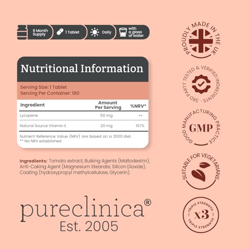 PureClinica Lycopene 50 mg, etiqueta destacada, resalta el valor antioxidante para el día a día.